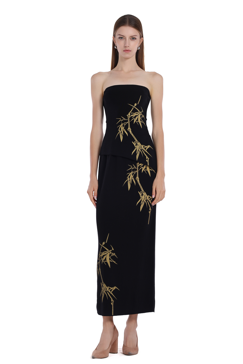 Gold Bamboo Print Sleeveless Bandeau Top & Skirt 2pics Suit