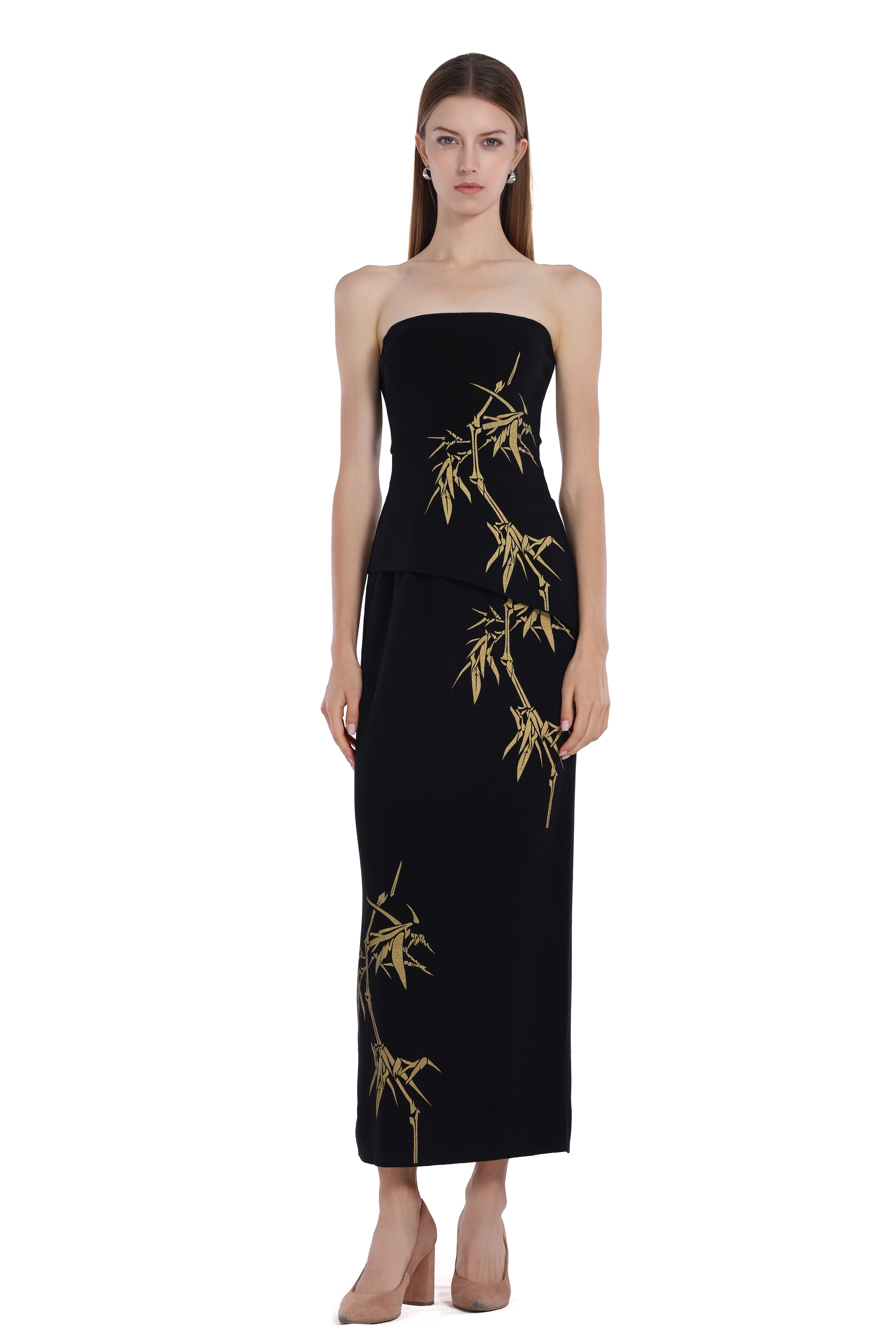 Gold Bamboo Print Sleeveless Bandeau Top & Skirt 2pics Suit