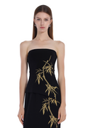 Gold Bamboo Print Sleeveless Bandeau Top & Skirt 2pics Suit