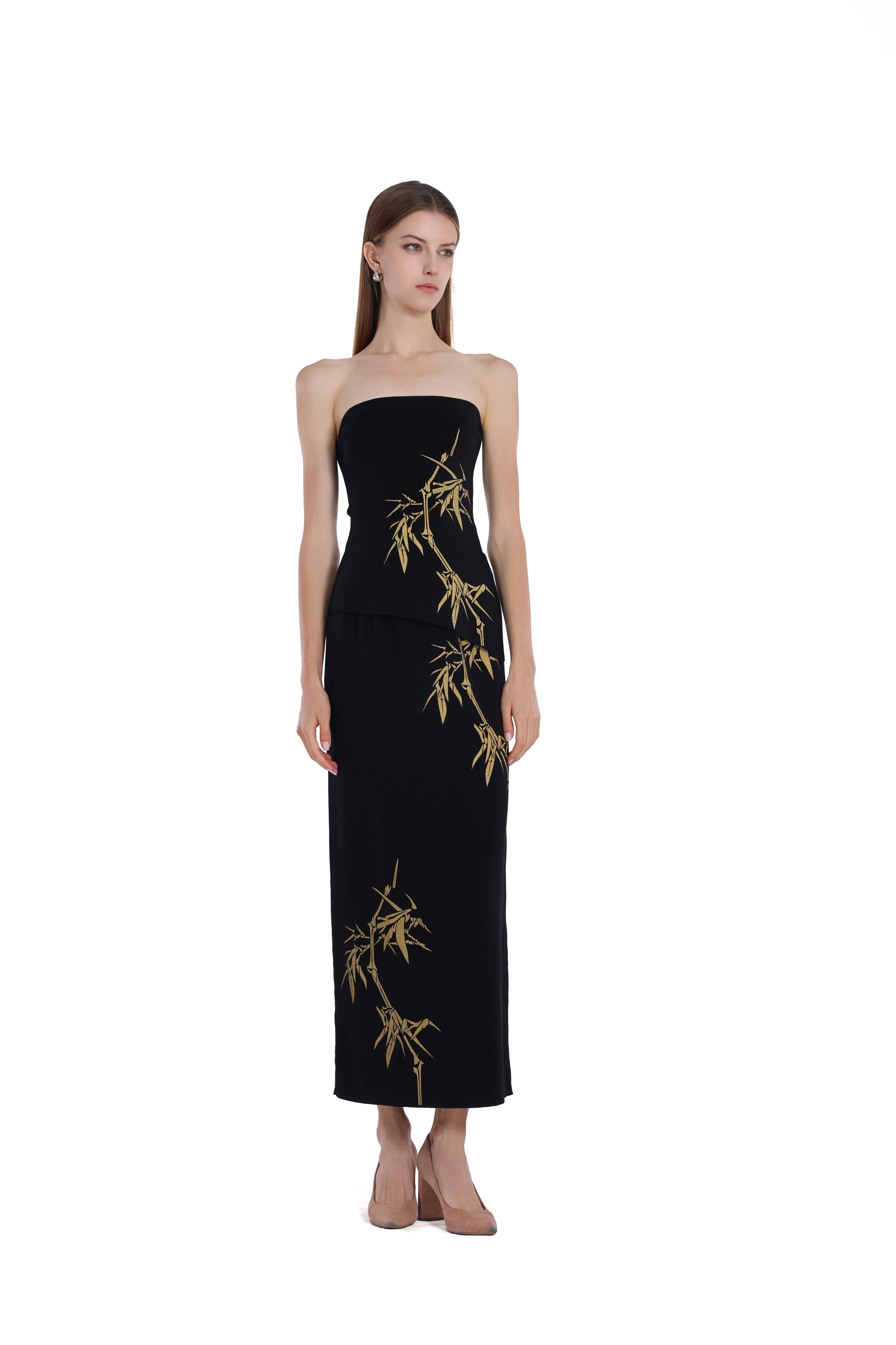 Gold Bamboo Print Sleeveless Bandeau Top & Skirt 2pics Suit