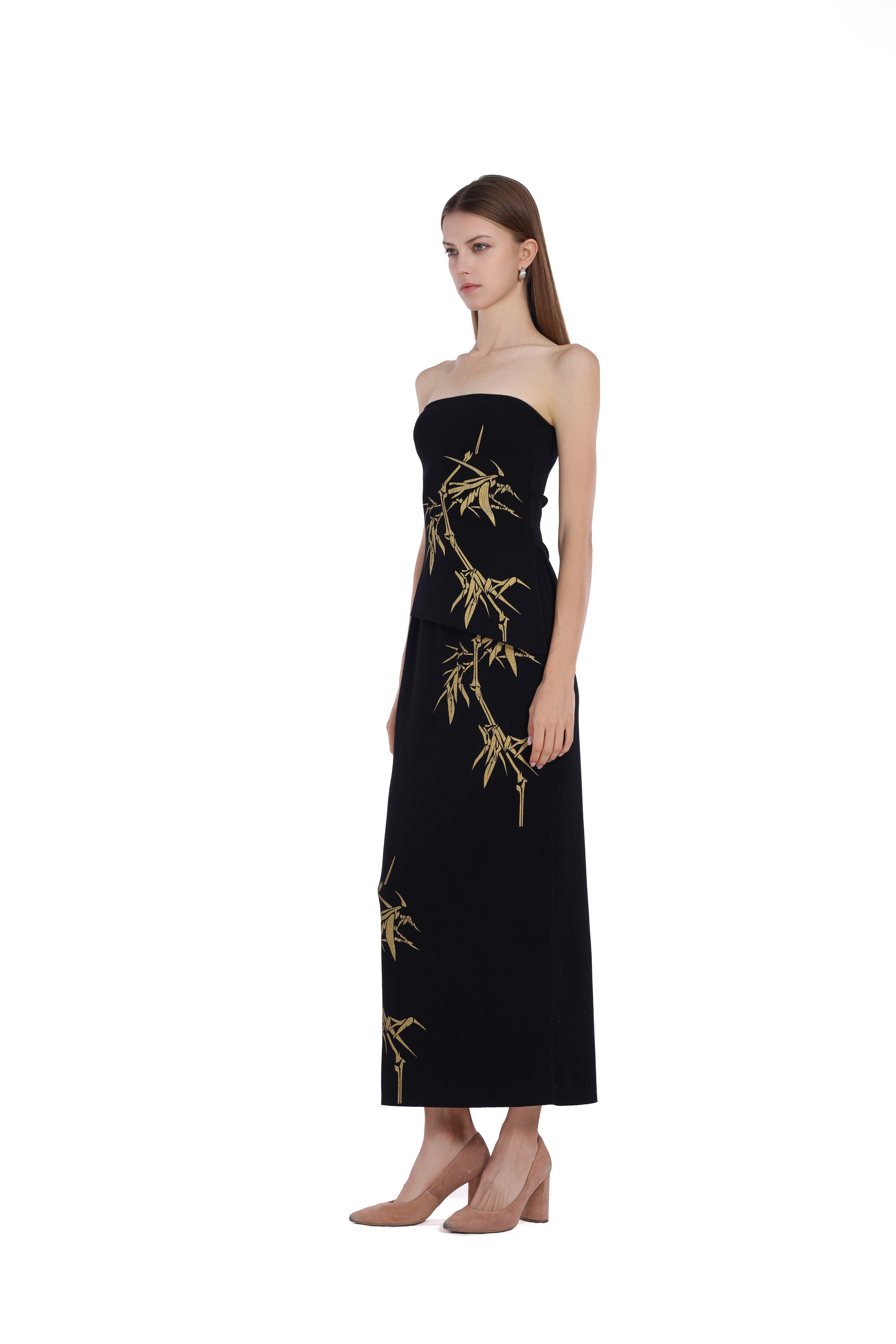 Gold Bamboo Print Sleeveless Bandeau Top & Skirt 2pics Suit