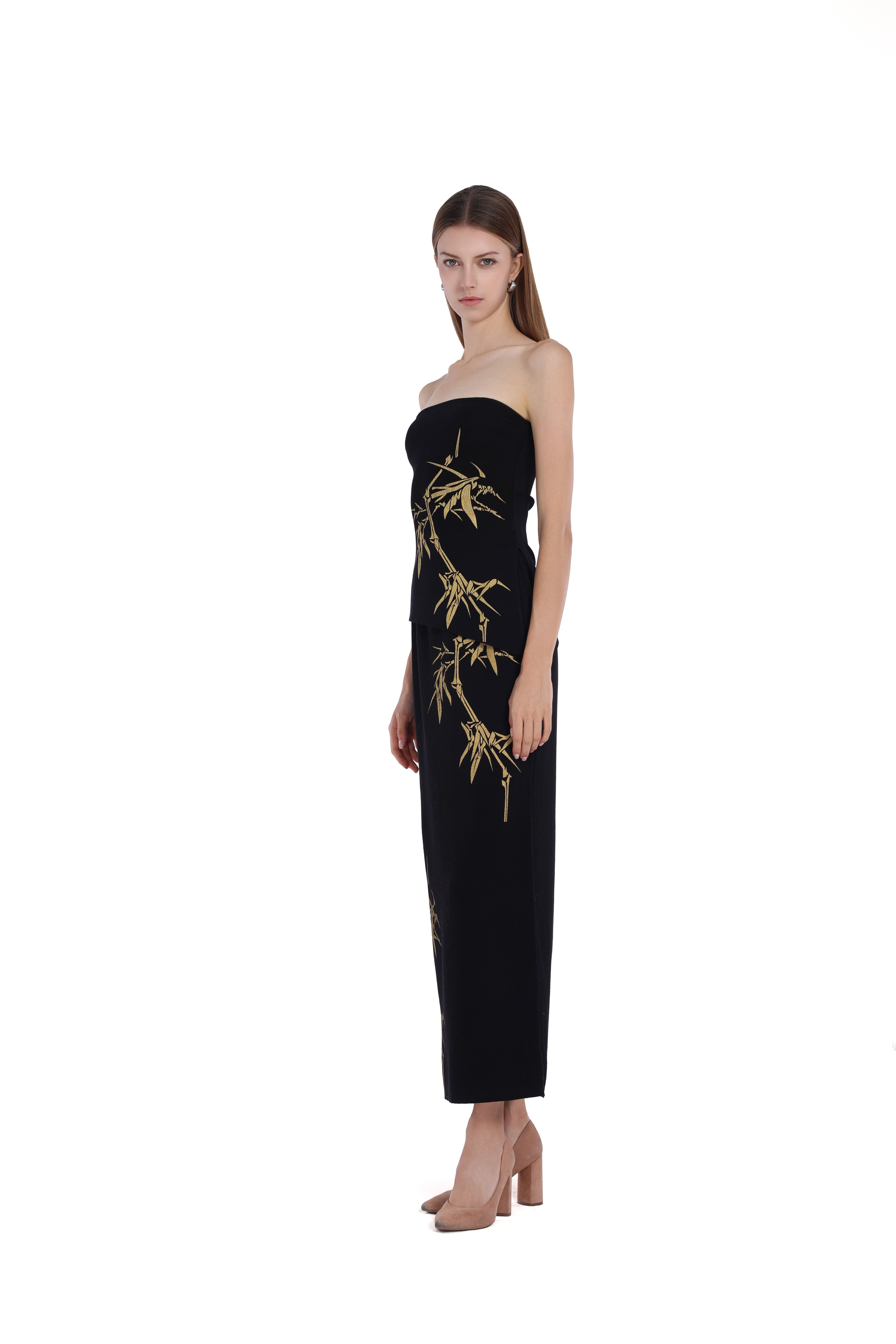 Gold Bamboo Print Sleeveless Bandeau Top & Skirt 2pics Suit