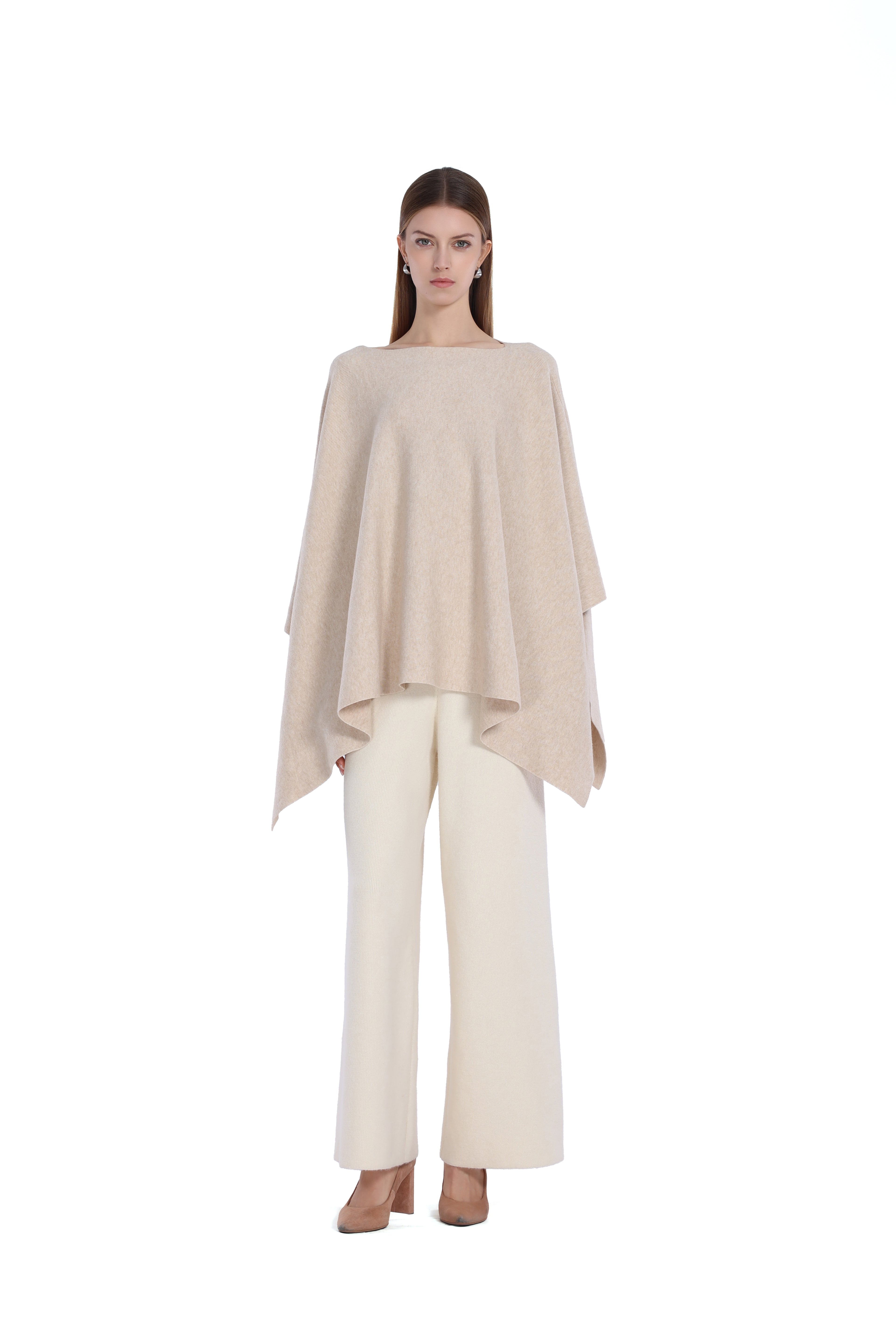 Boat Neck Asymmetrical Hem Draped Silhouette Knitted Cape Top