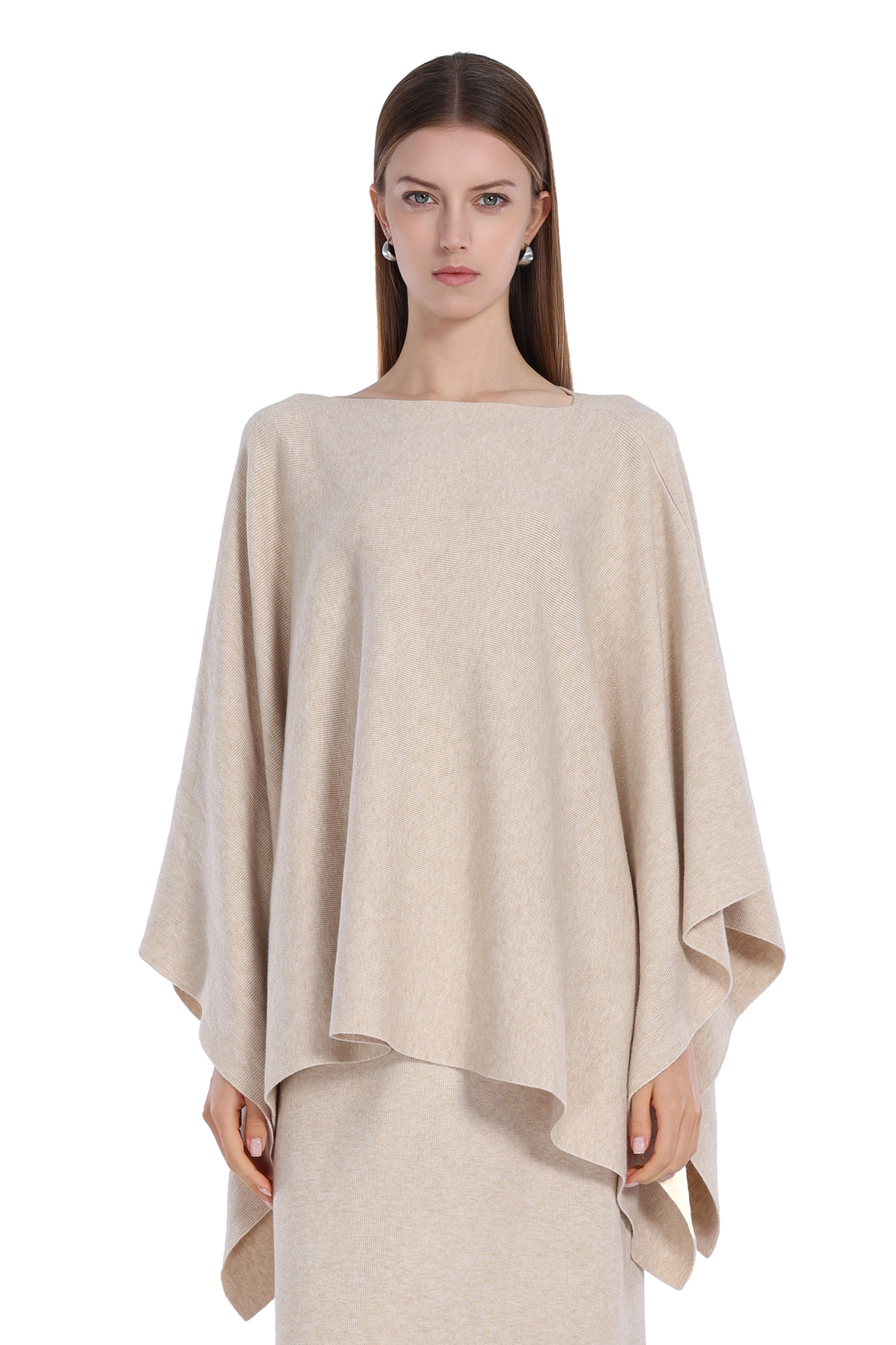 Boat Neck Asymmetrical Hem Draped Silhouette Knitted Cape Top