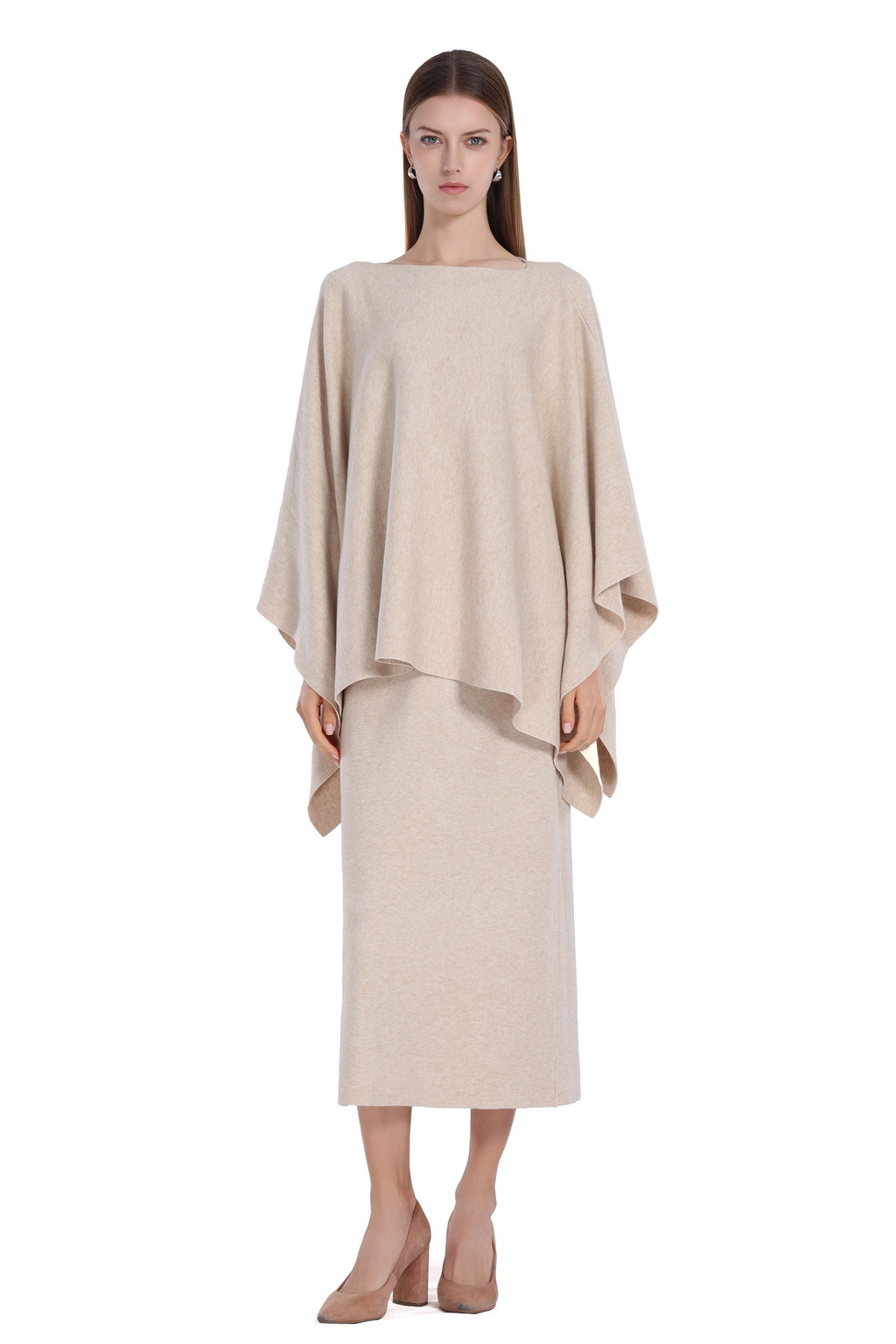 Boat Neck Asymmetrical Hem Draped Silhouette Knitted Cape Top