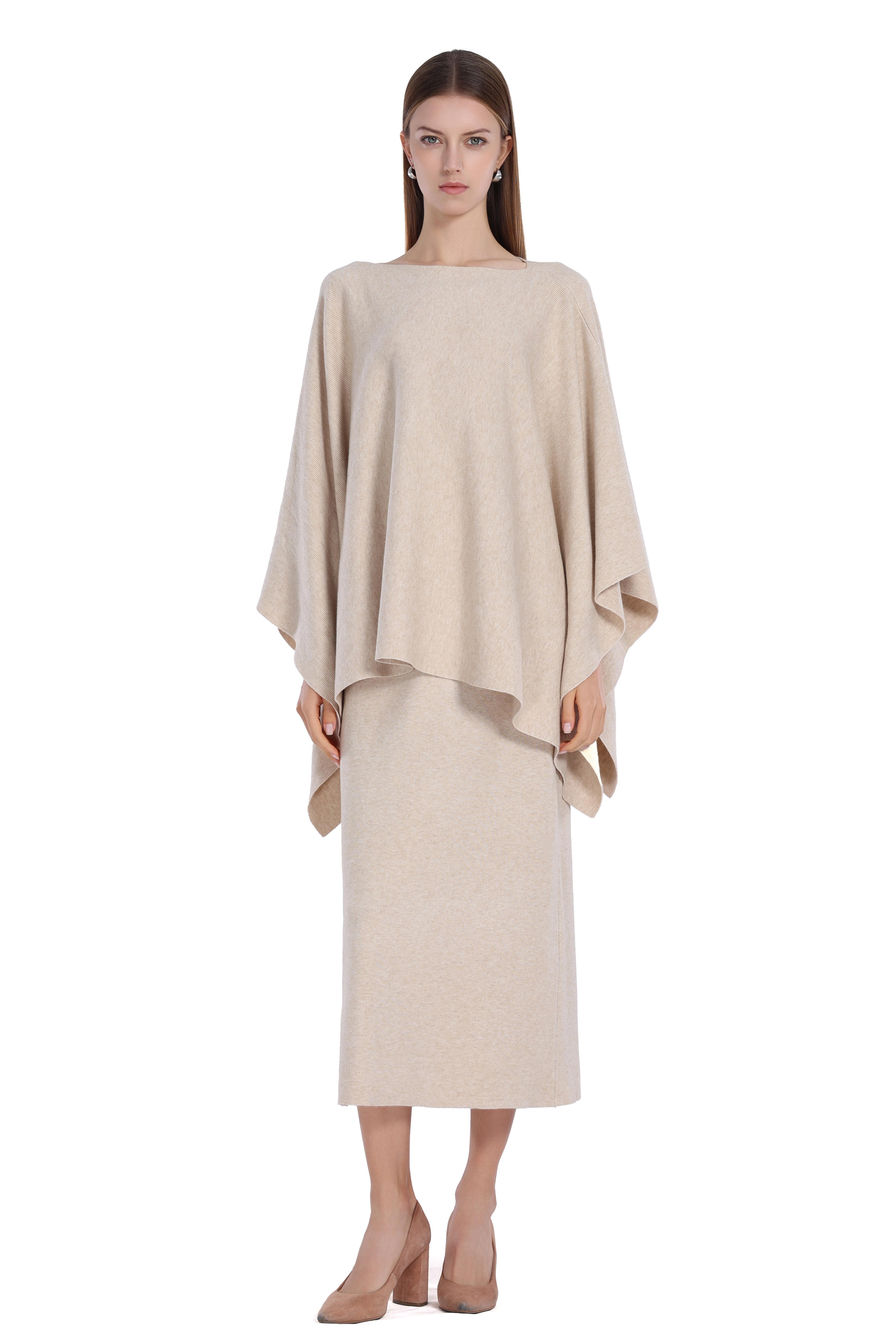 Boat Neck Asymmetrical Hem Draped Silhouette Knitted Cape Top