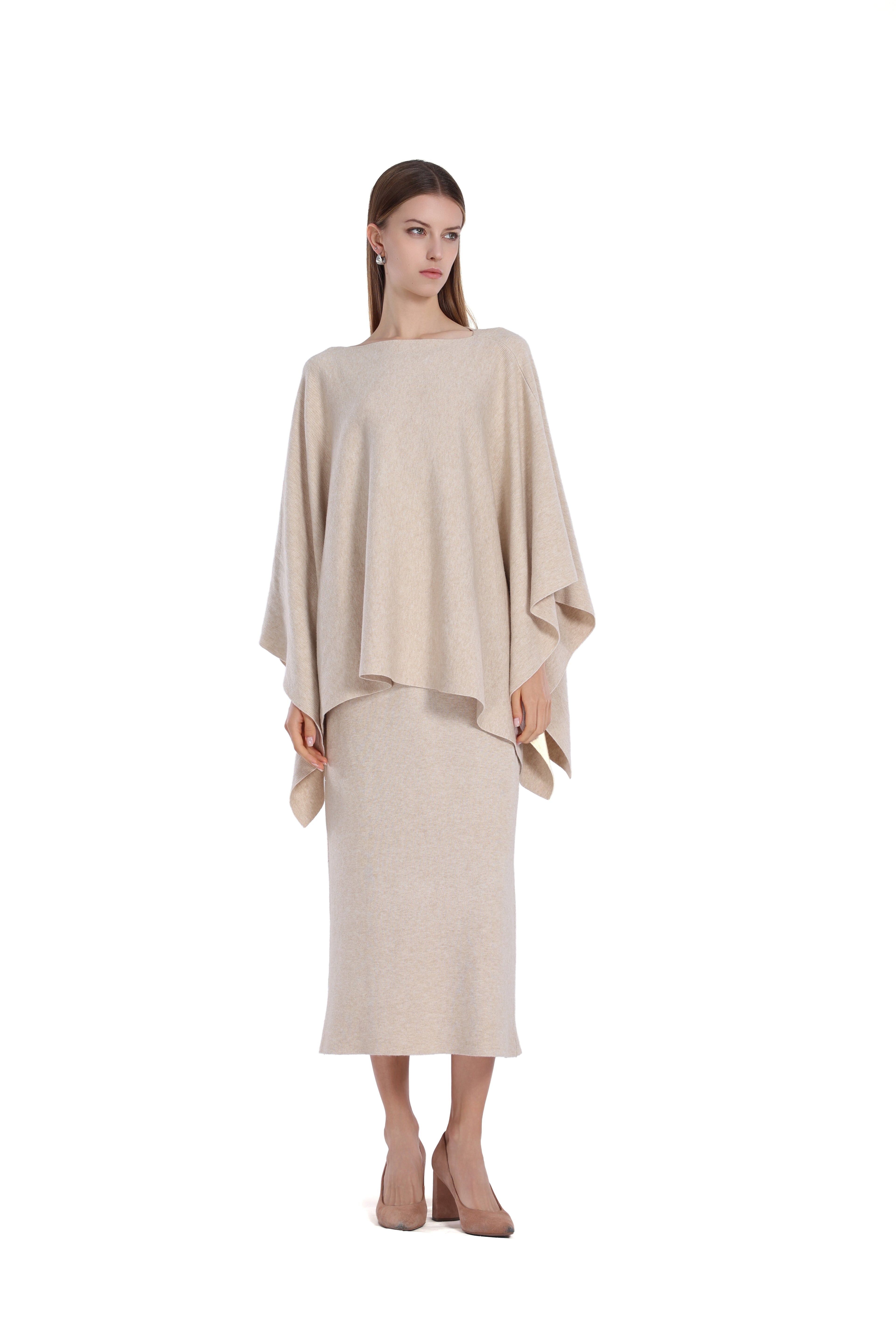 Boat Neck Asymmetrical Hem Draped Silhouette Knitted Cape Top