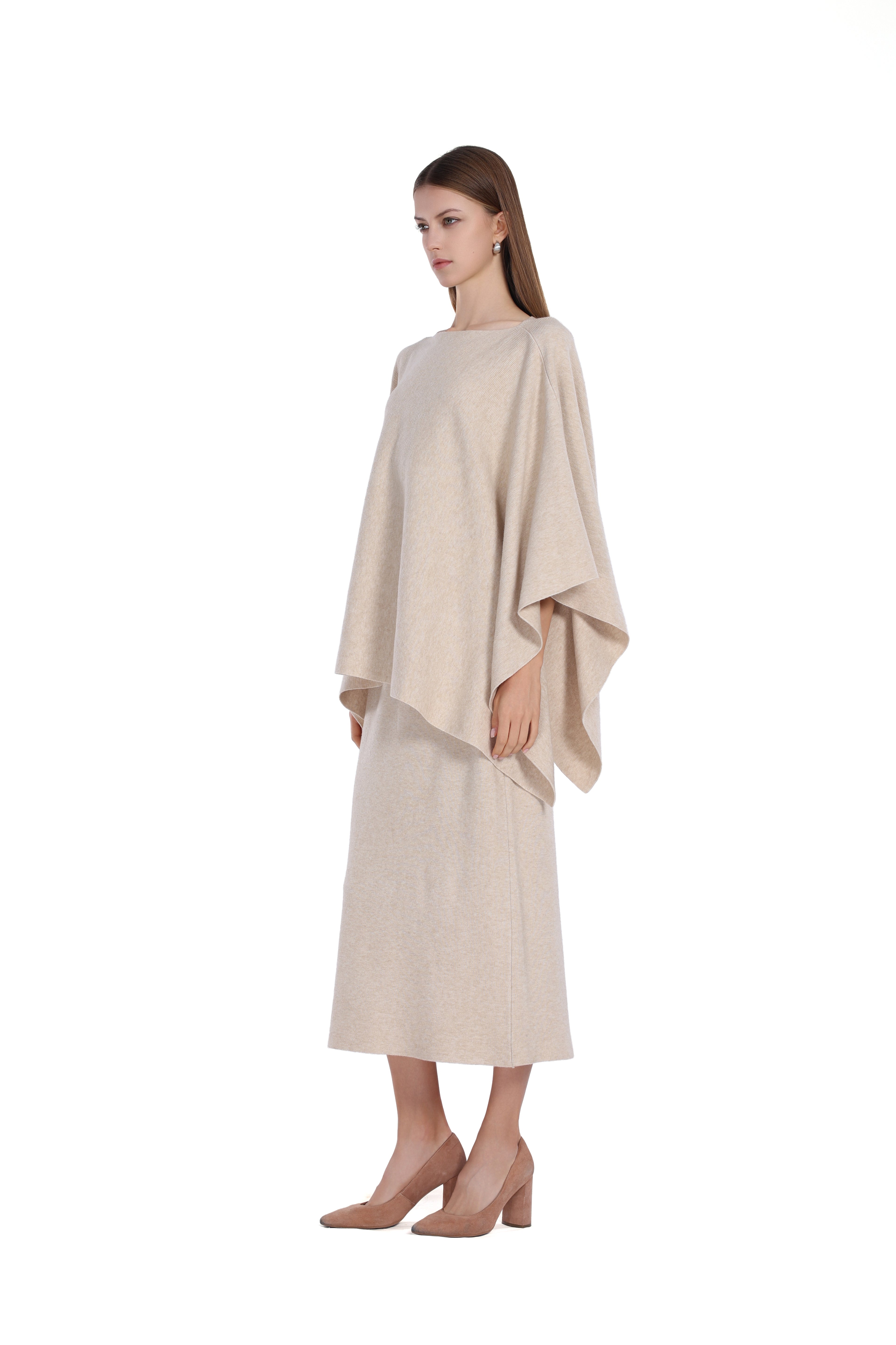 Boat Neck Asymmetrical Hem Draped Silhouette Knitted Cape Top