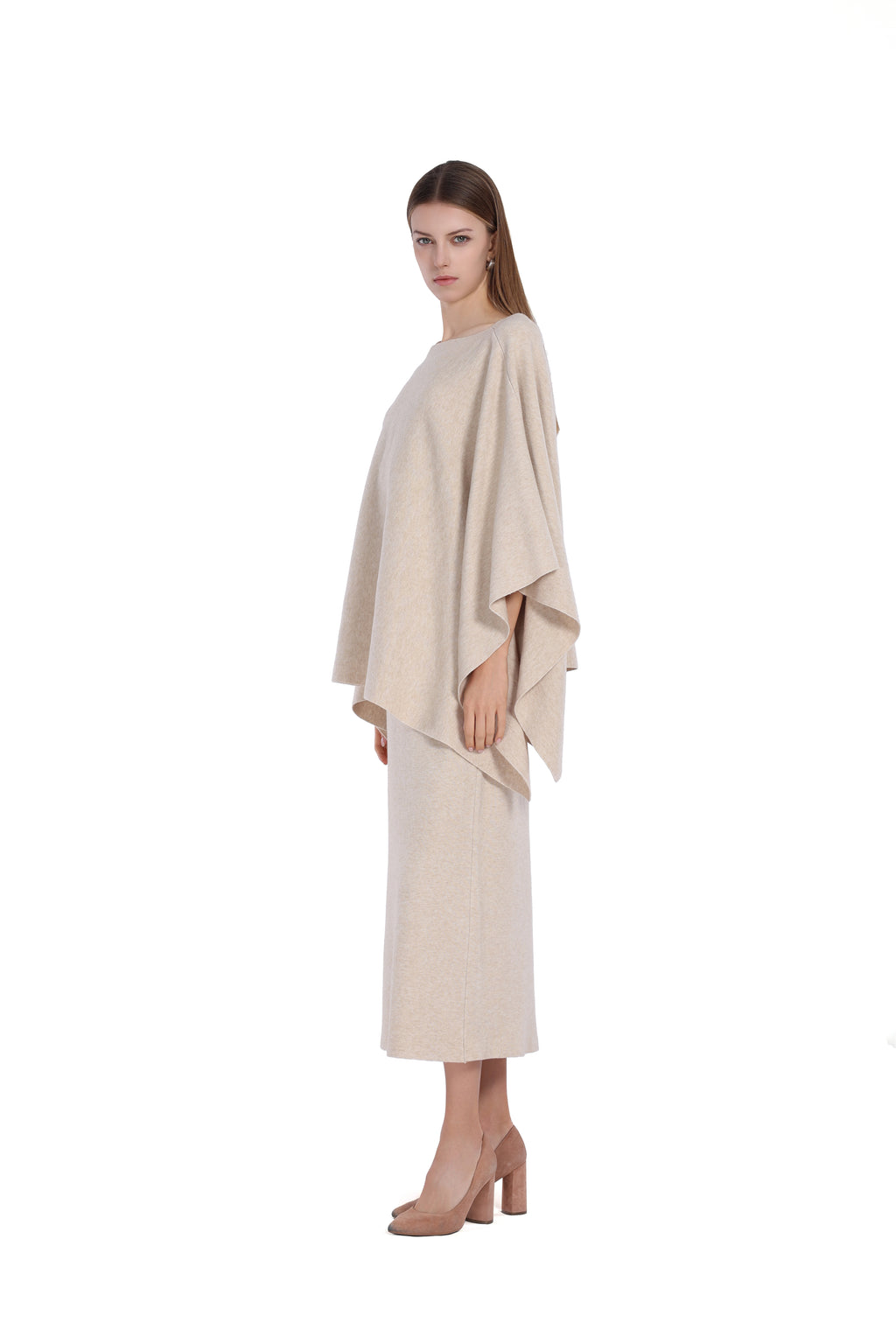Boat Neck Asymmetrical Hem Draped Silhouette Knitted Cape Top