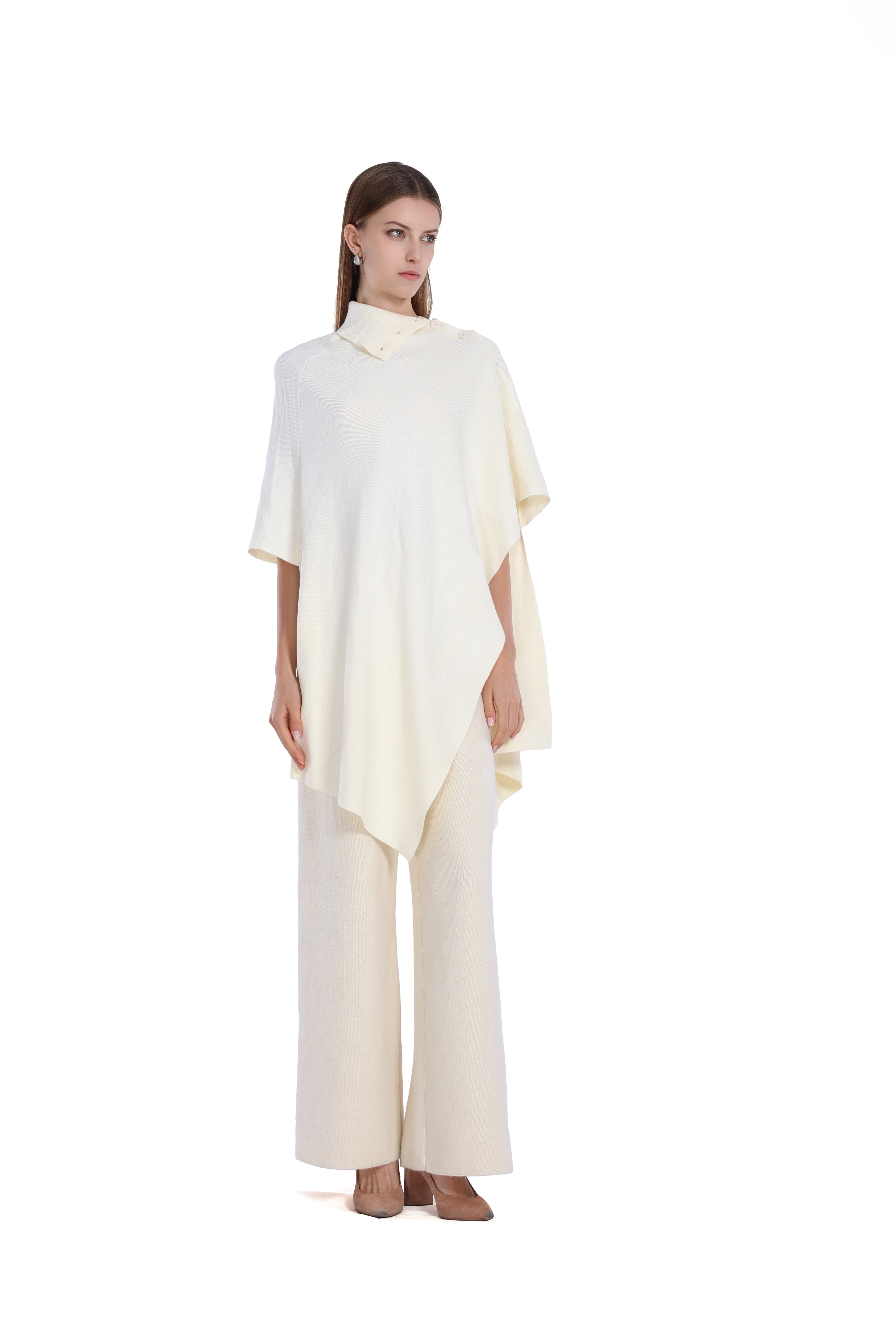 Loose Fit Turn-down Collar Cape Design Solid Asymmetrical Cape Top