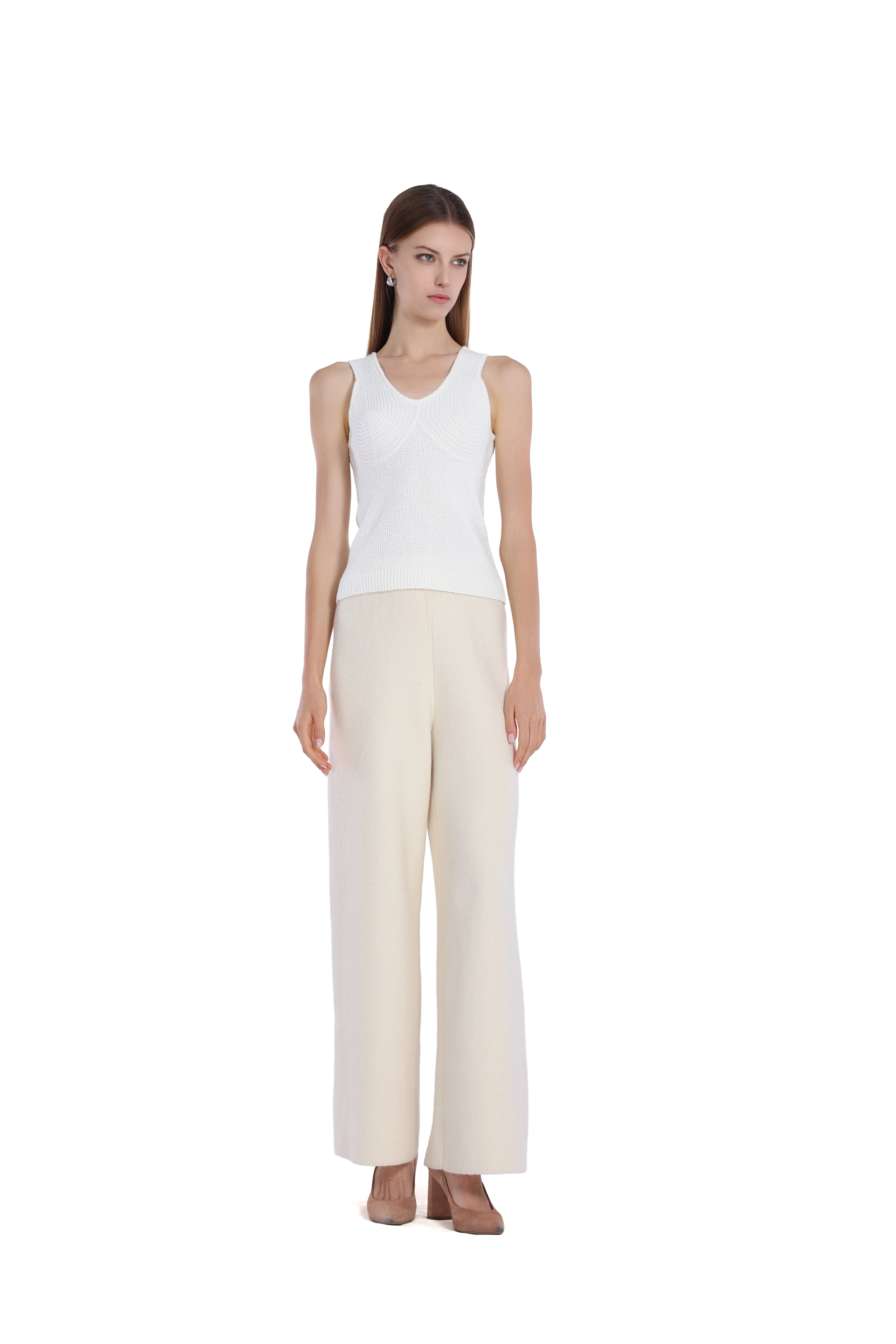 Ribbed-Paneled Sleeveless Wide Straps V-Neck Knit Tank Top