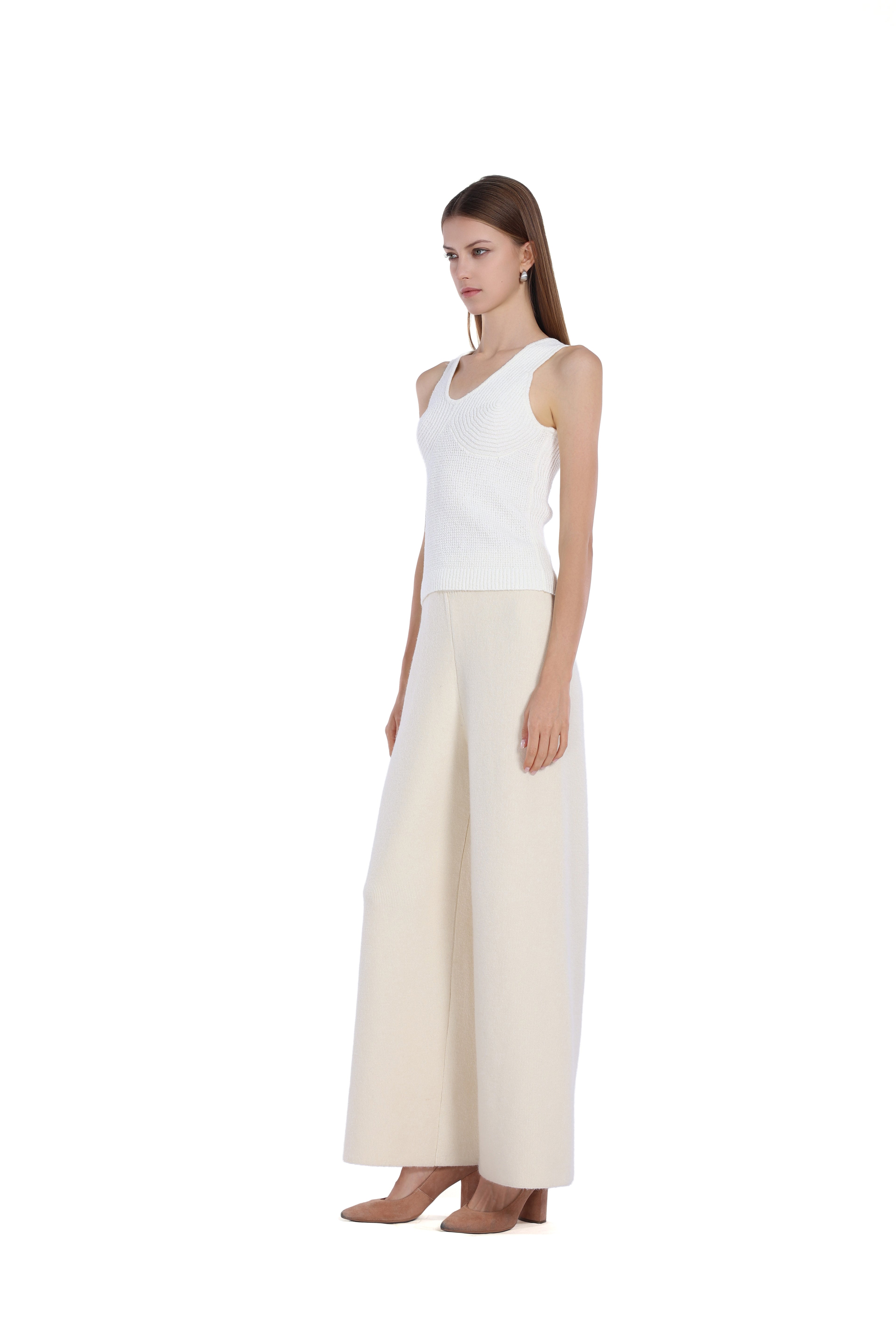 Ribbed-Paneled Sleeveless Wide Straps V-Neck Knit Tank Top