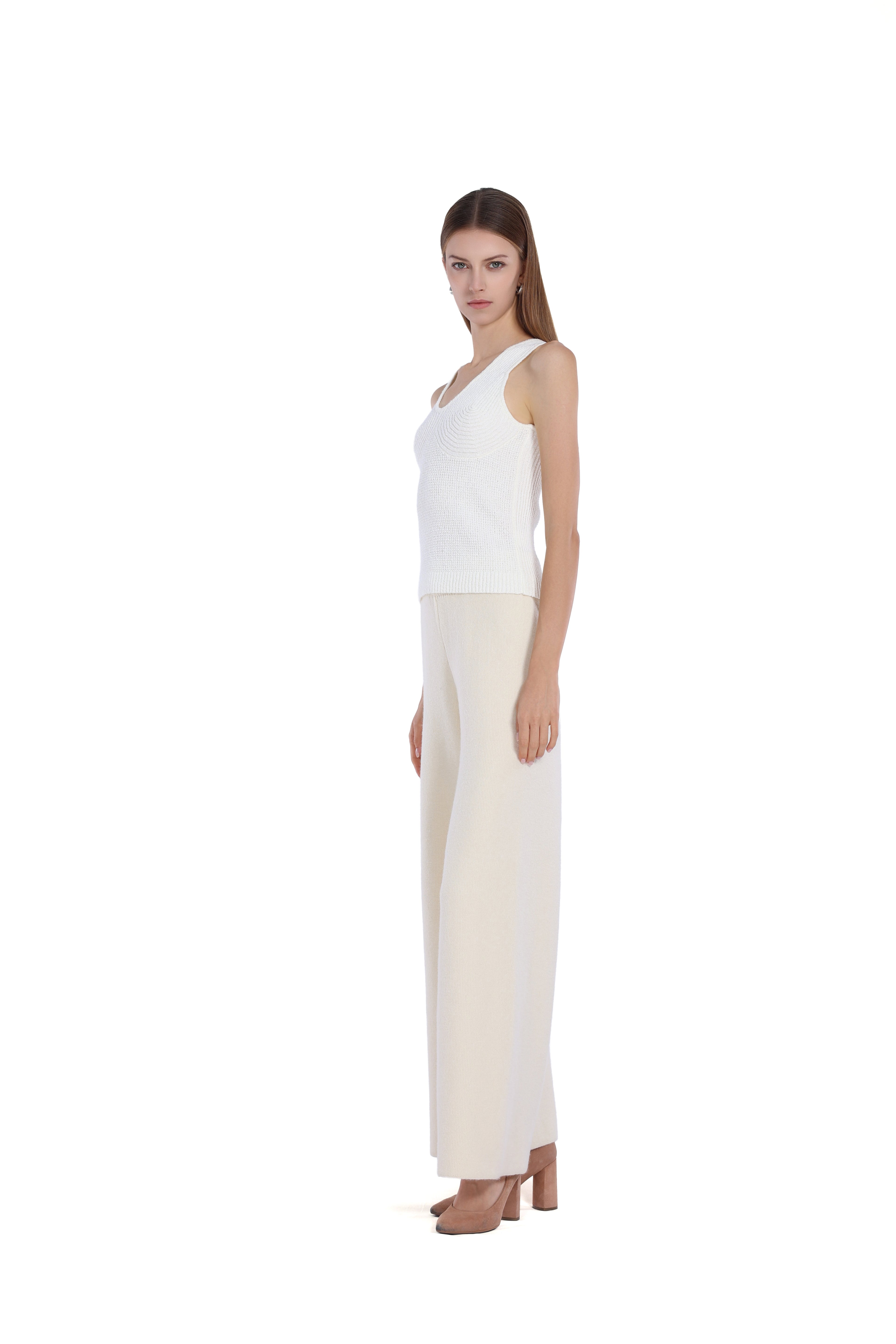 Ribbed-Paneled Sleeveless Wide Straps V-Neck Knit Tank Top