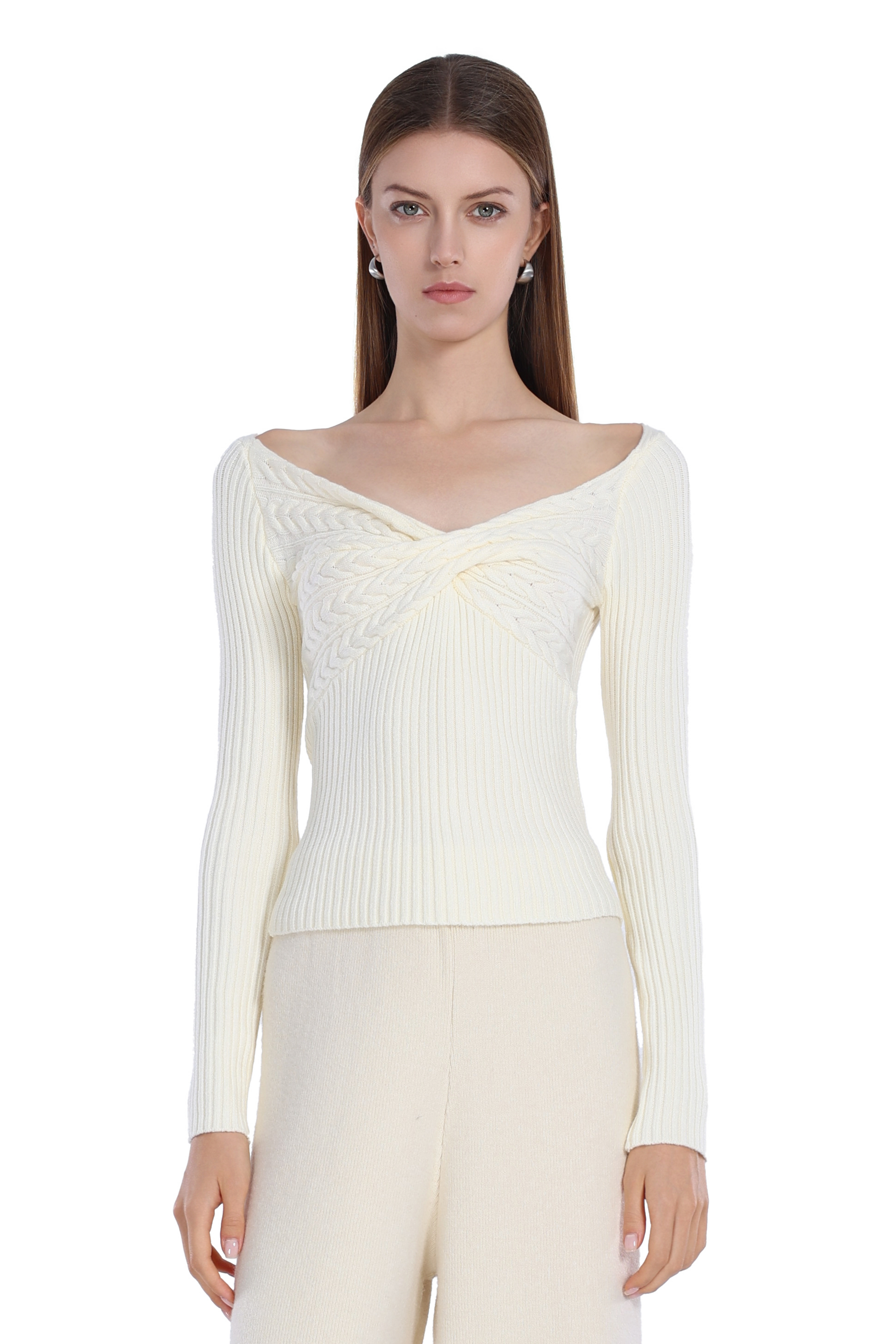V-neck Cable Knit Front Twist Detail Long Sleeve Knitted Top