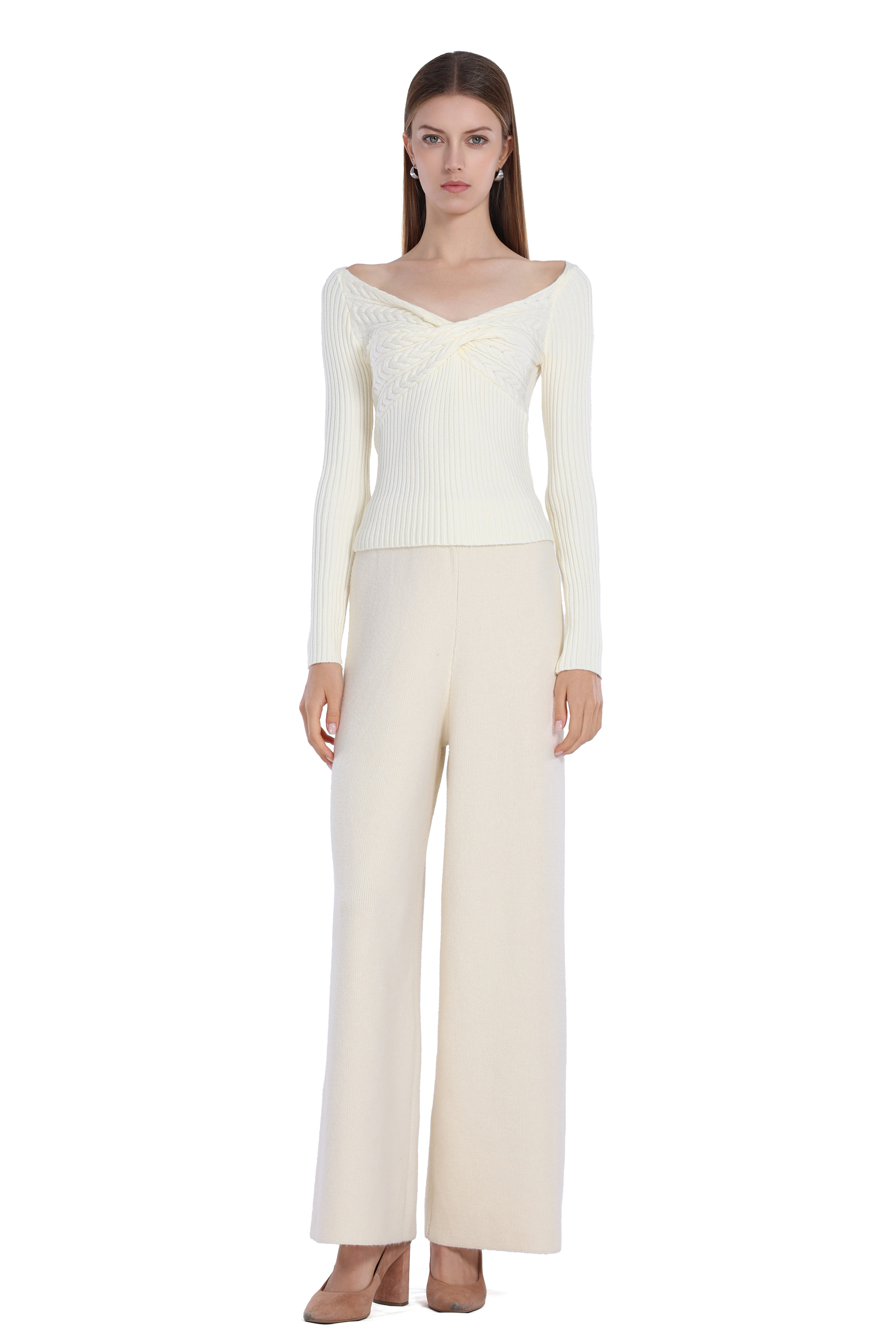 V-neck Cable Knit Front Twist Detail Long Sleeve Knitted Top