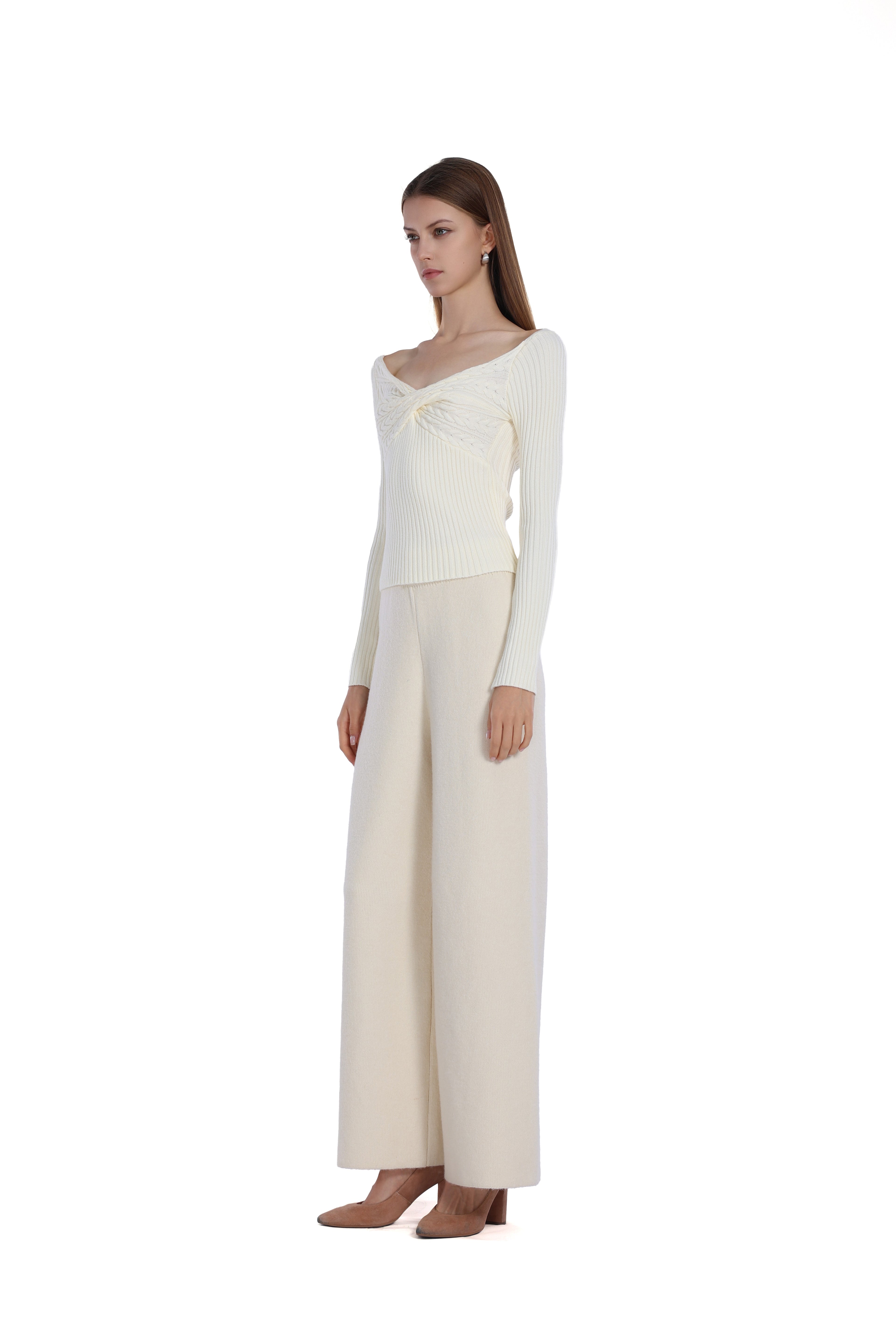 V-neck Cable Knit Front Twist Detail Long Sleeve Knitted Top
