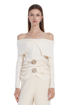 Off-shoulder Long Sleeve Button Gathered Waist Knitted Top