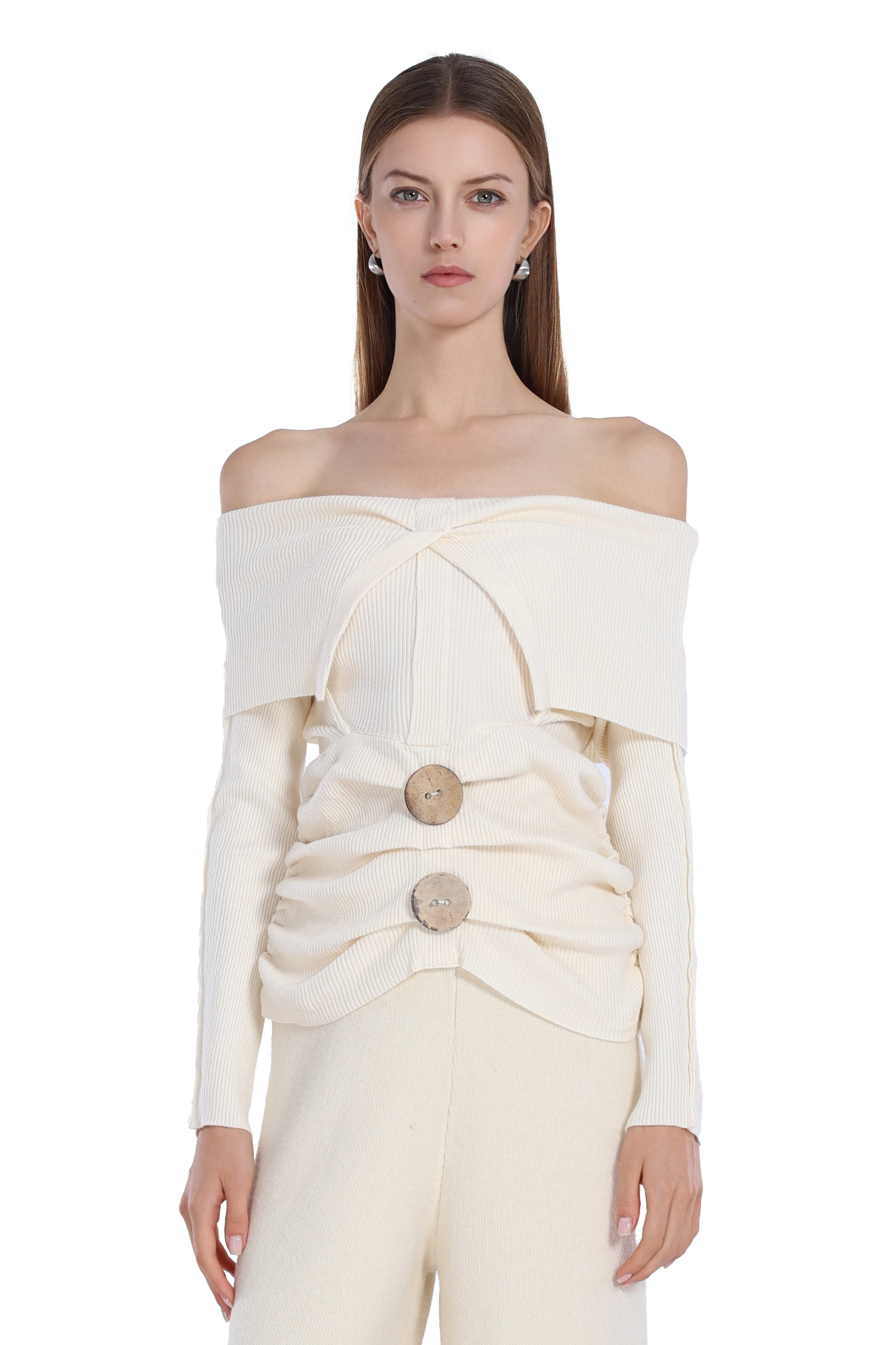 Off-shoulder Long Sleeve Button Gathered Waist Knitted Top