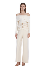 Off-shoulder Long Sleeve Button Gathered Waist Knitted Top