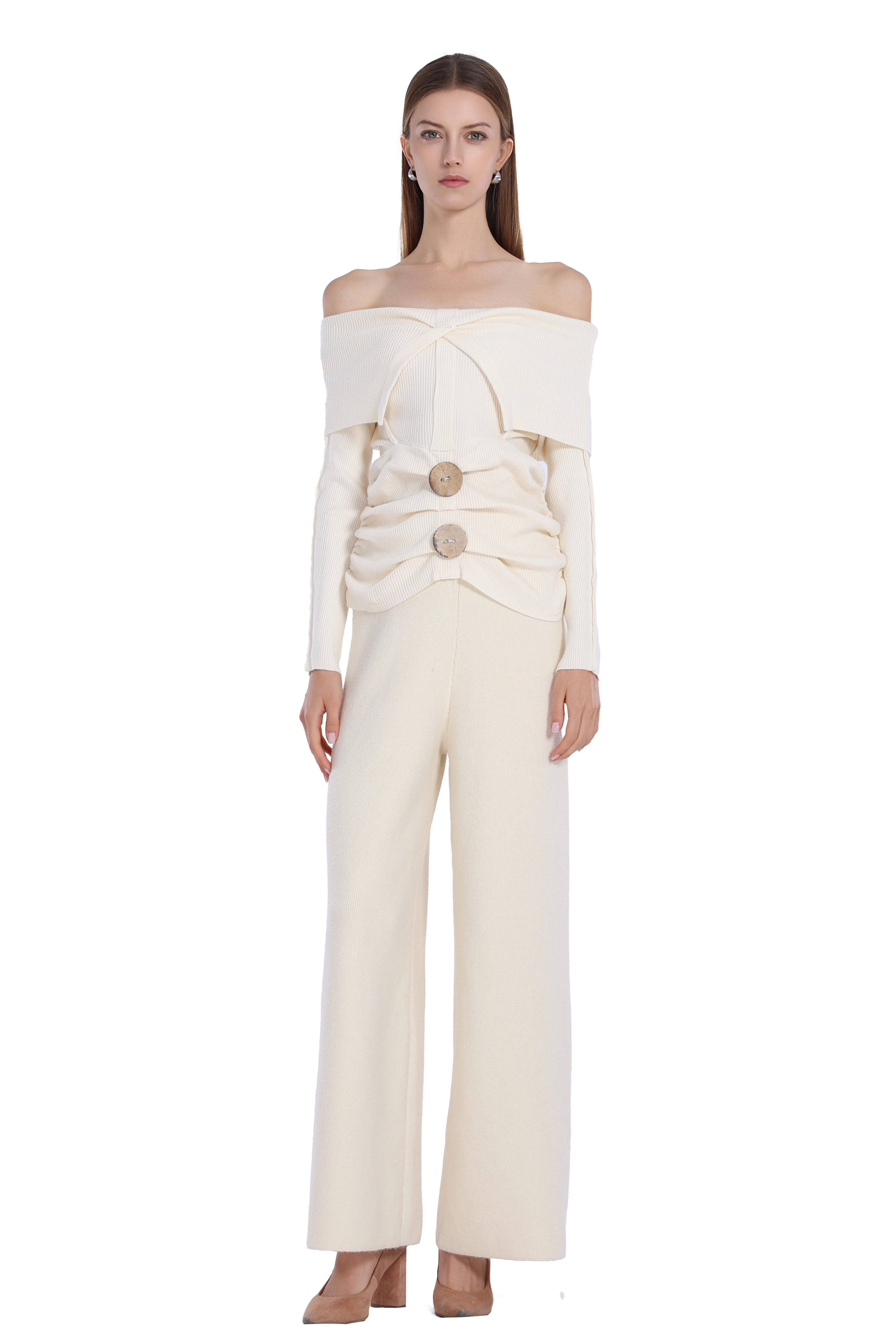 Off-shoulder Long Sleeve Button Gathered Waist Knitted Top