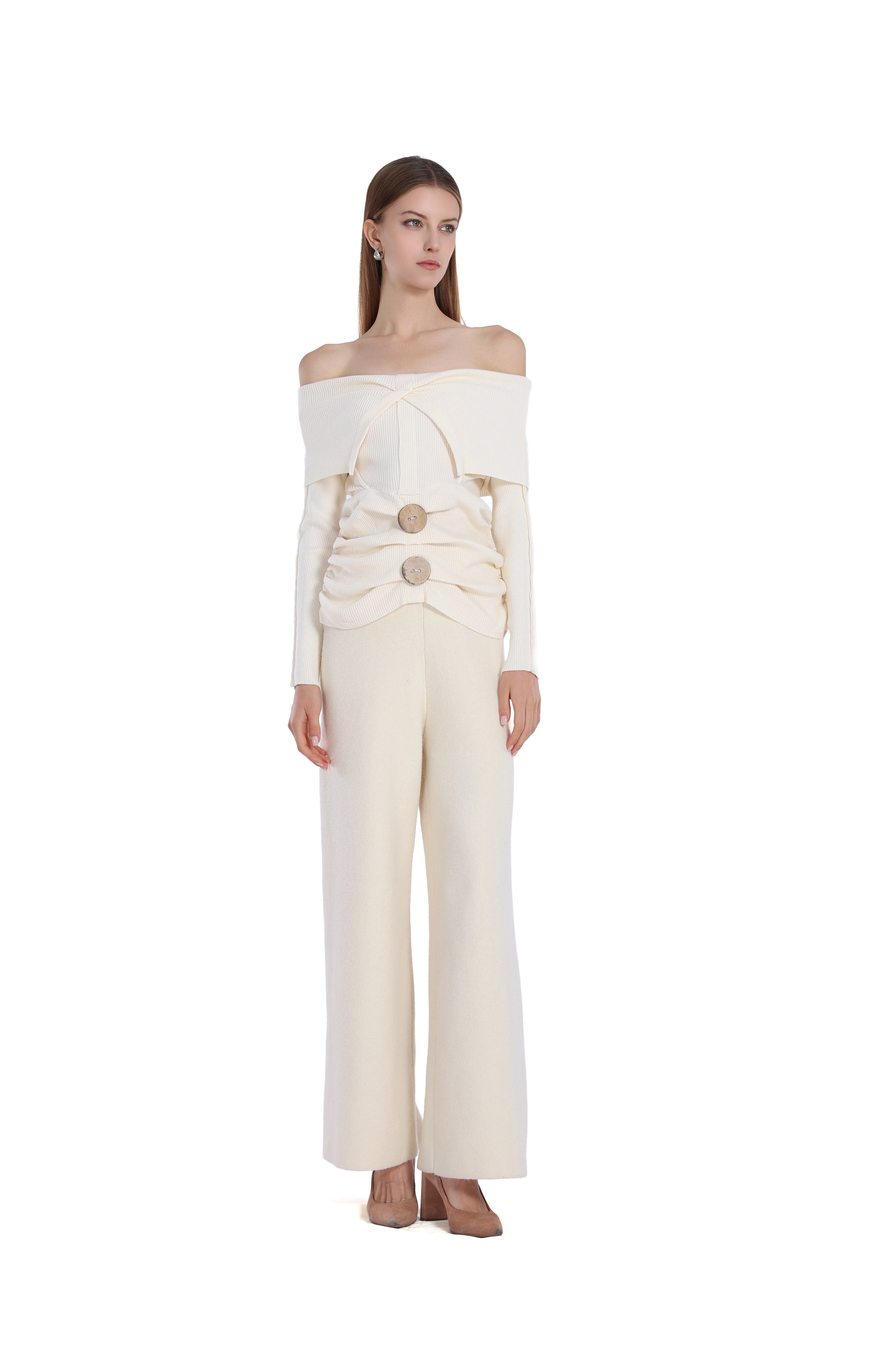 Off-shoulder Long Sleeve Button Gathered Waist Knitted Top