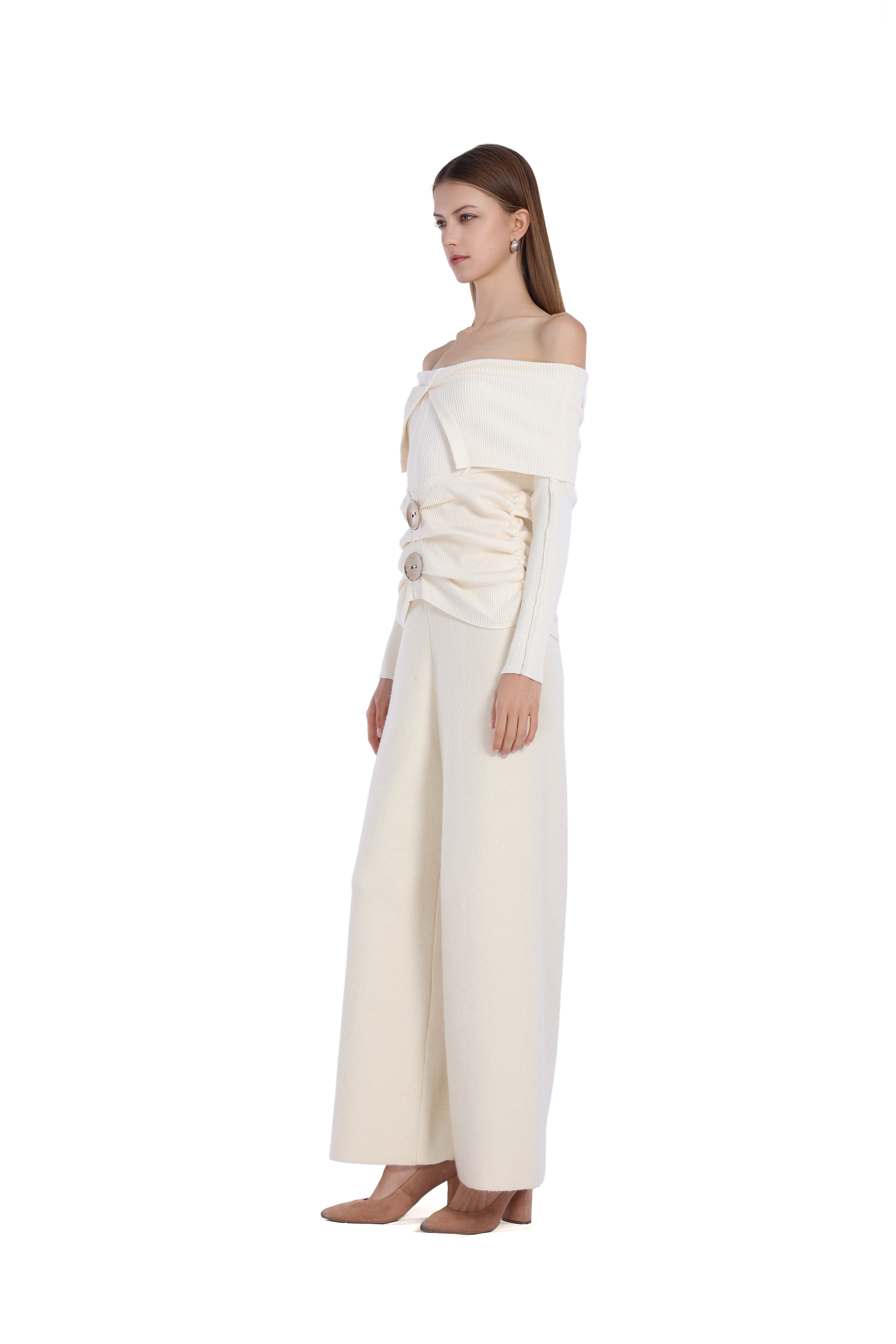 Off-shoulder Long Sleeve Button Gathered Waist Knitted Top