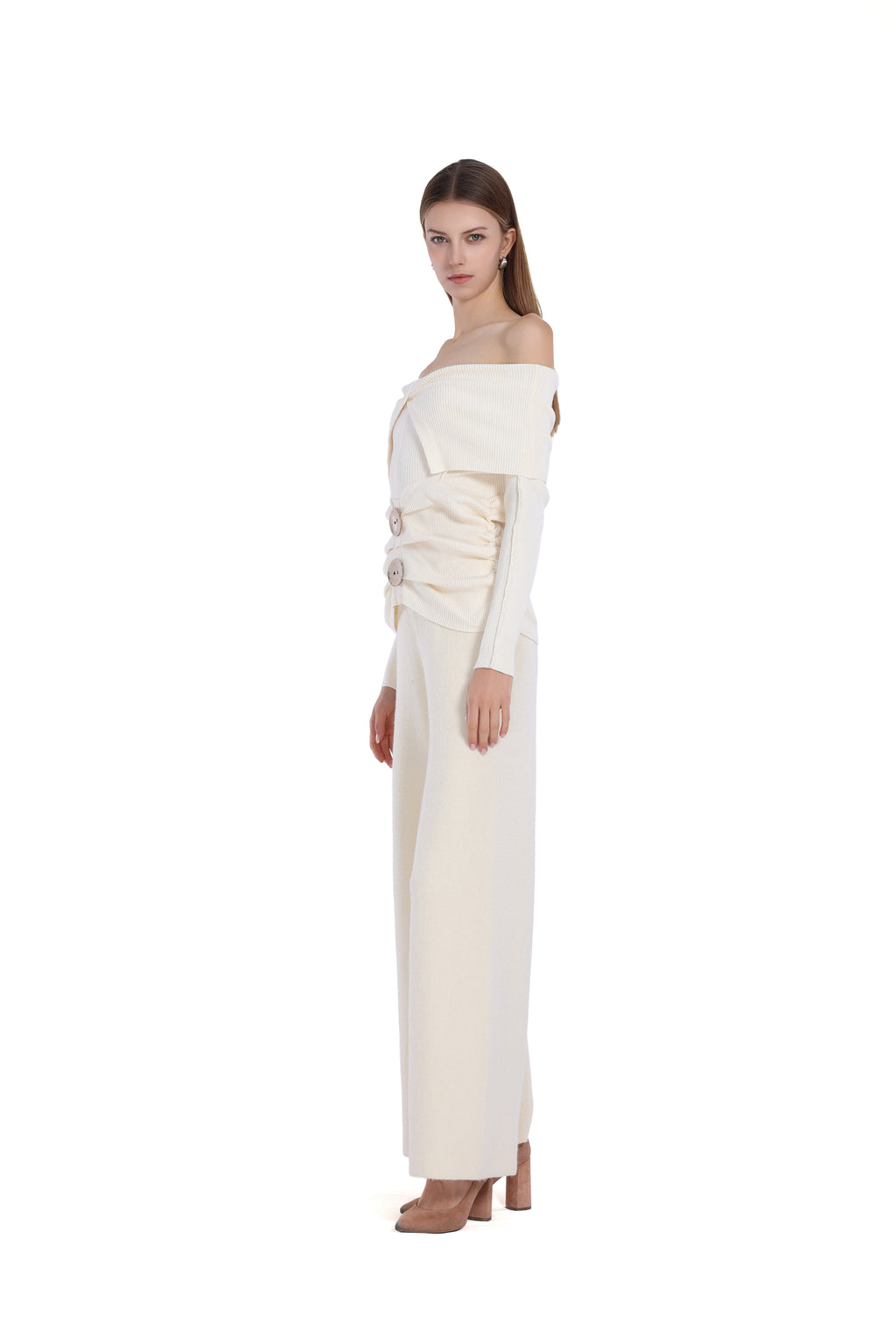 Off-shoulder Long Sleeve Button Gathered Waist Knitted Top