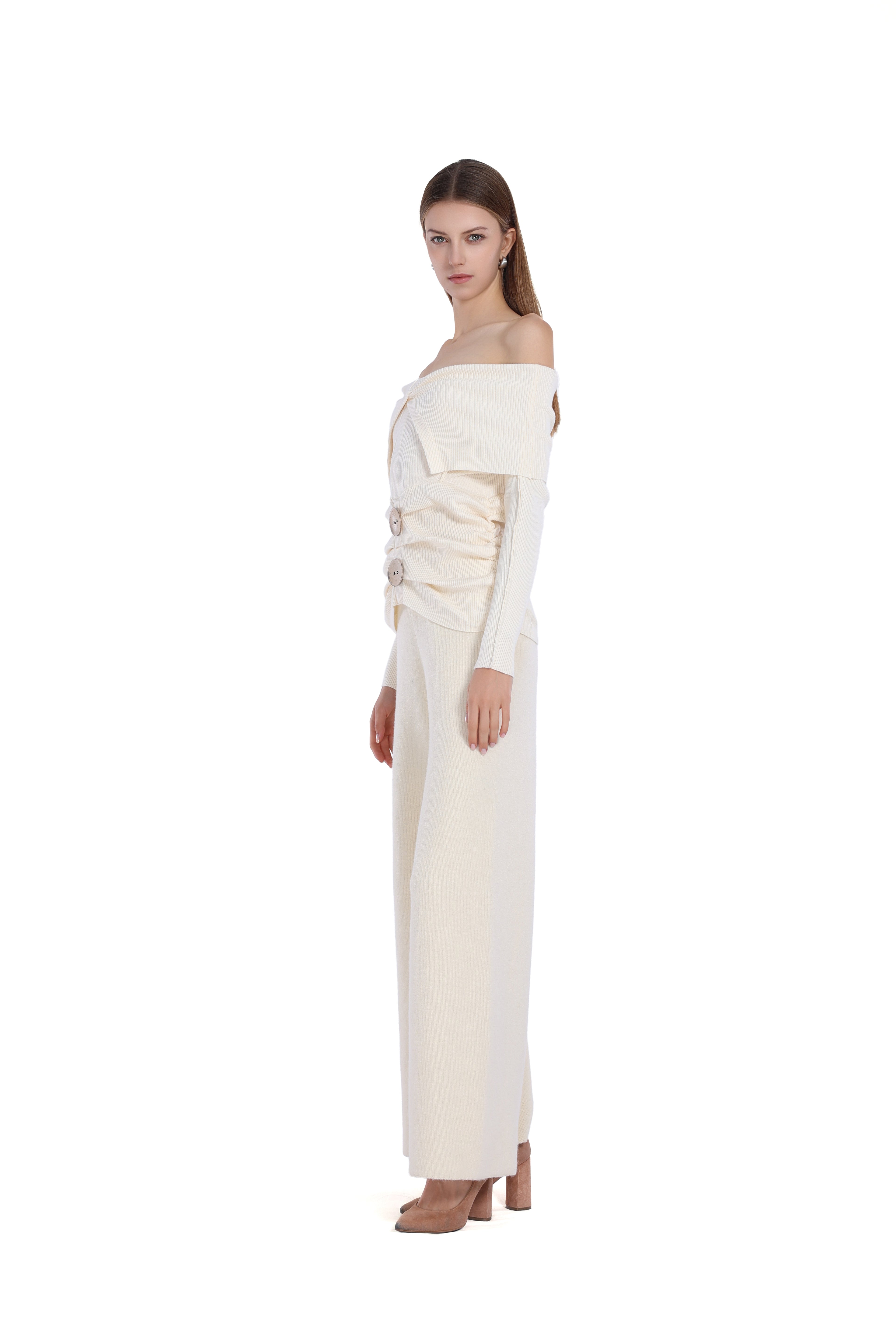Off-shoulder Long Sleeve Button Gathered Waist Knitted Top