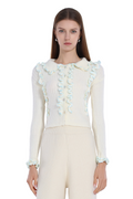 Contrast Edging Ruffled Trim Long-sleeve Turn-down Collar Cropped Cardigan