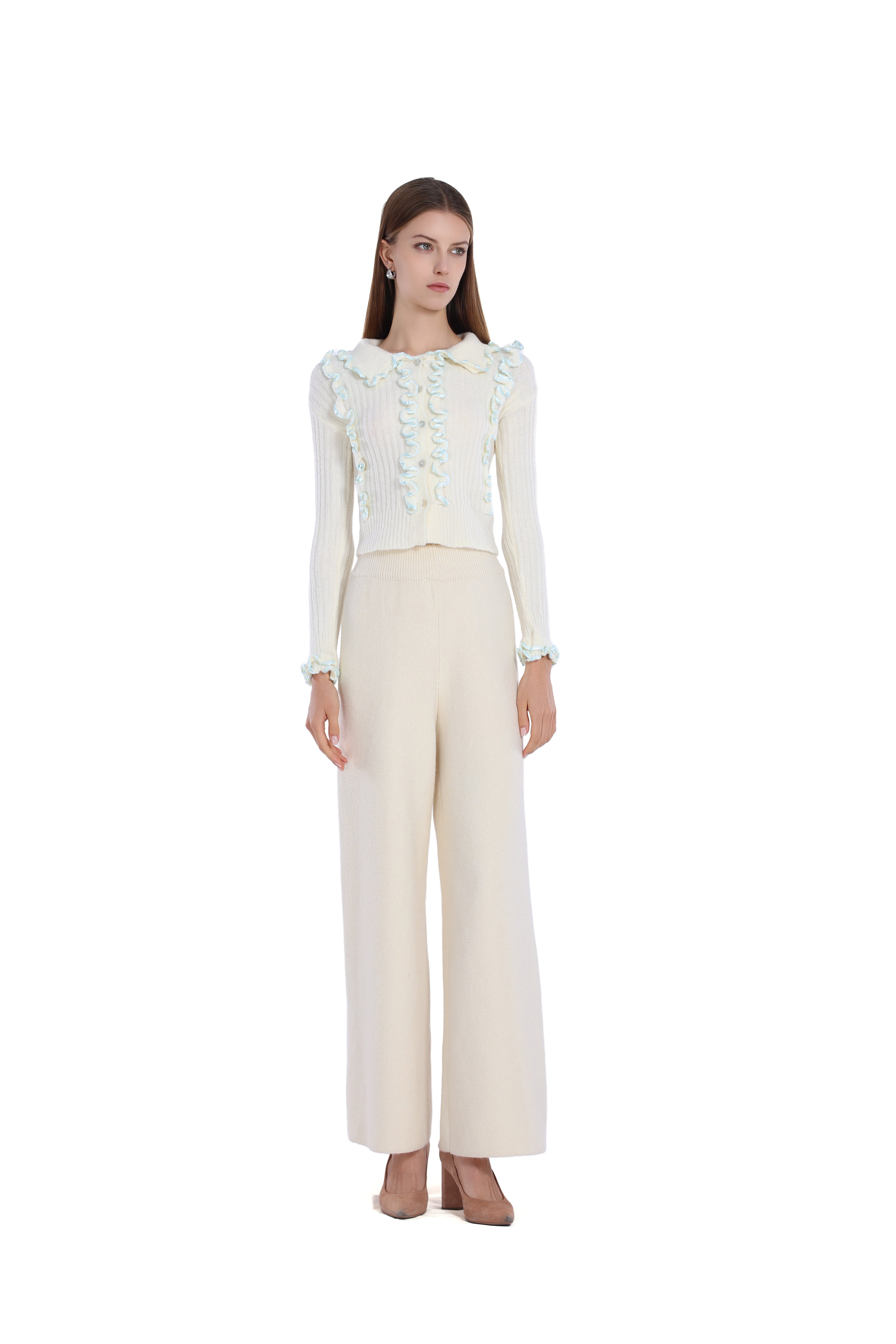 Contrast Edging Ruffled Trim Long-sleeve Turn-down Collar Cropped Cardigan