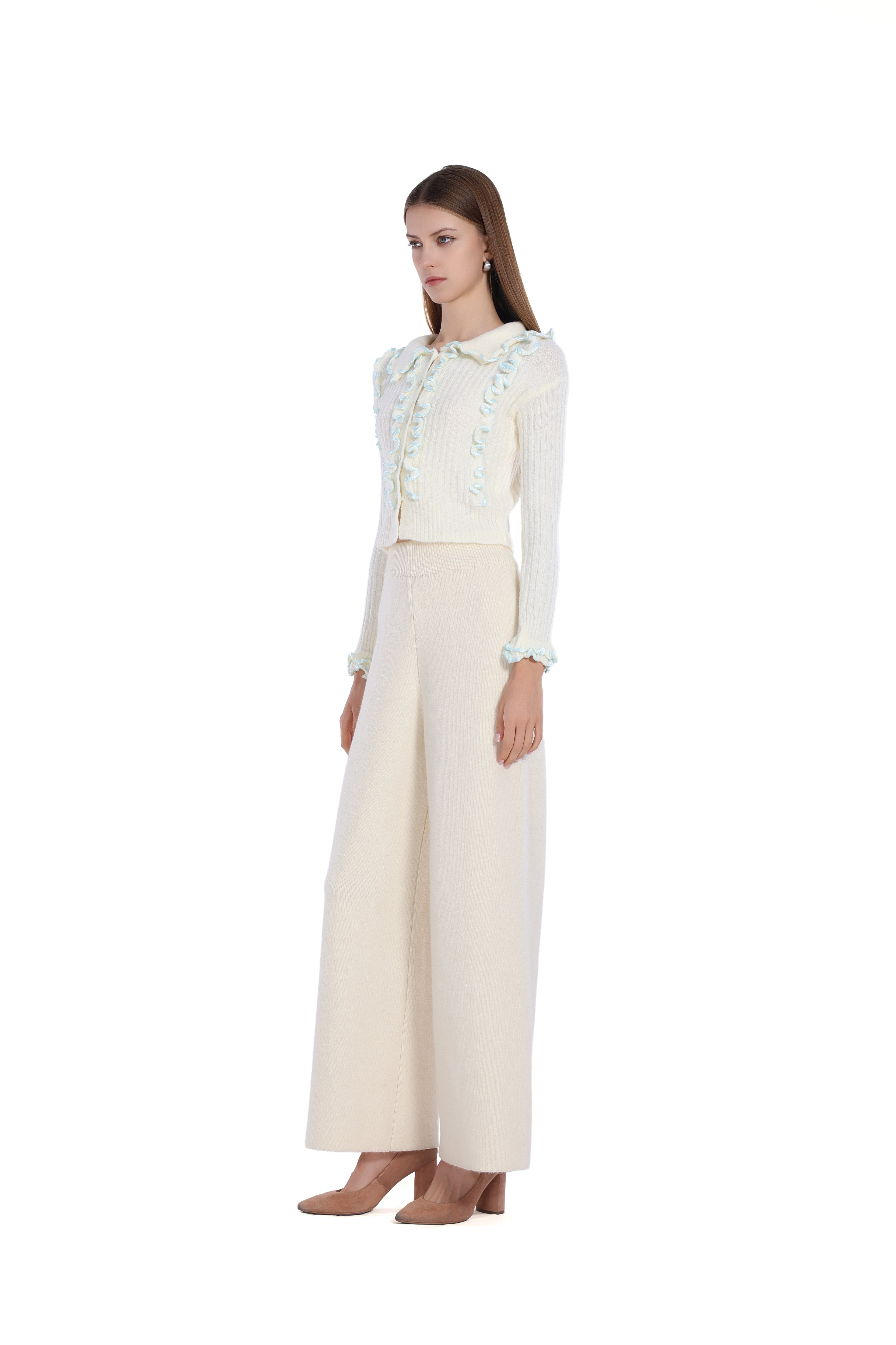 Contrast Edging Ruffled Trim Long-sleeve Turn-down Collar Cropped Cardigan