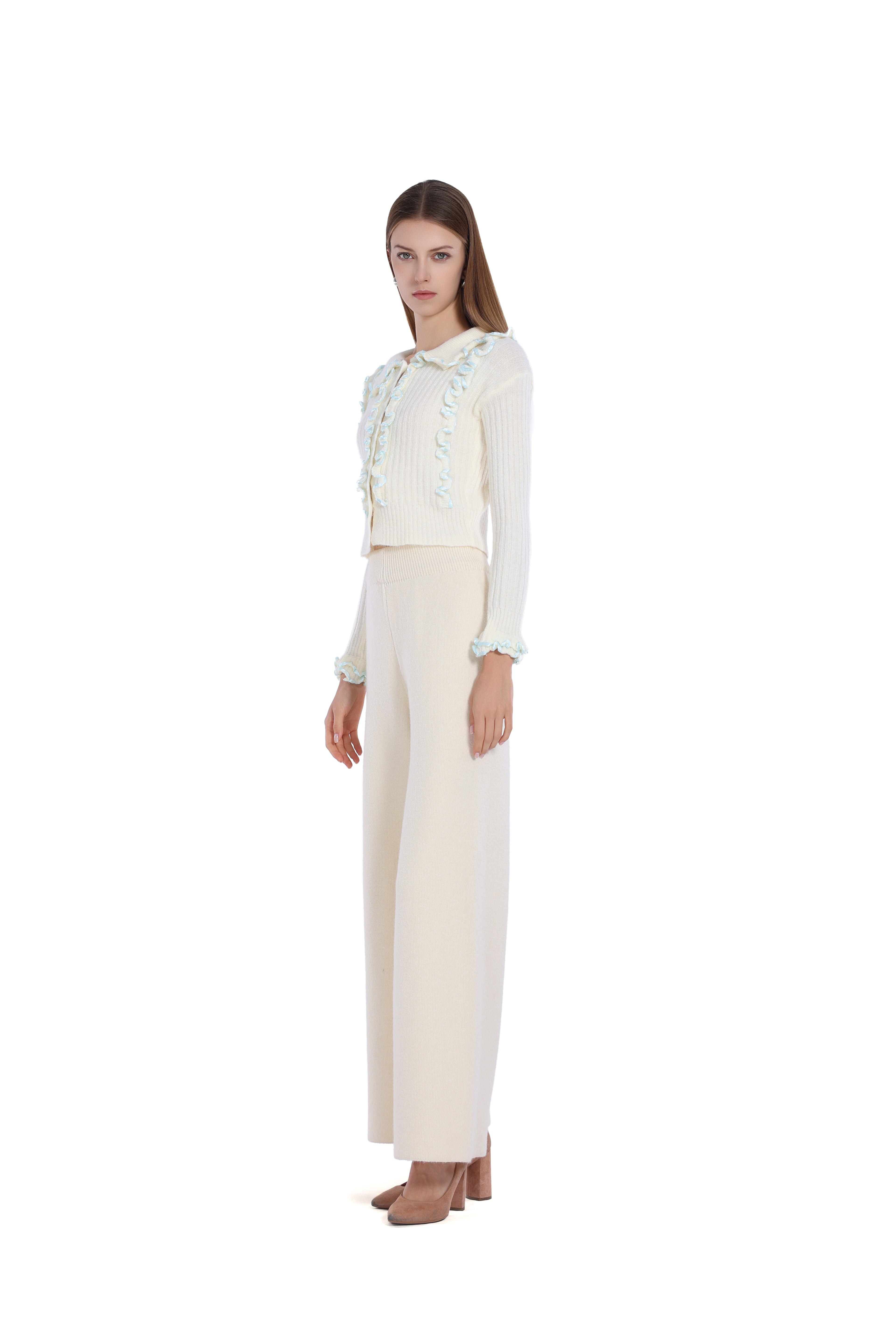 Contrast Edging Ruffled Trim Long-sleeve Turn-down Collar Cropped Cardigan
