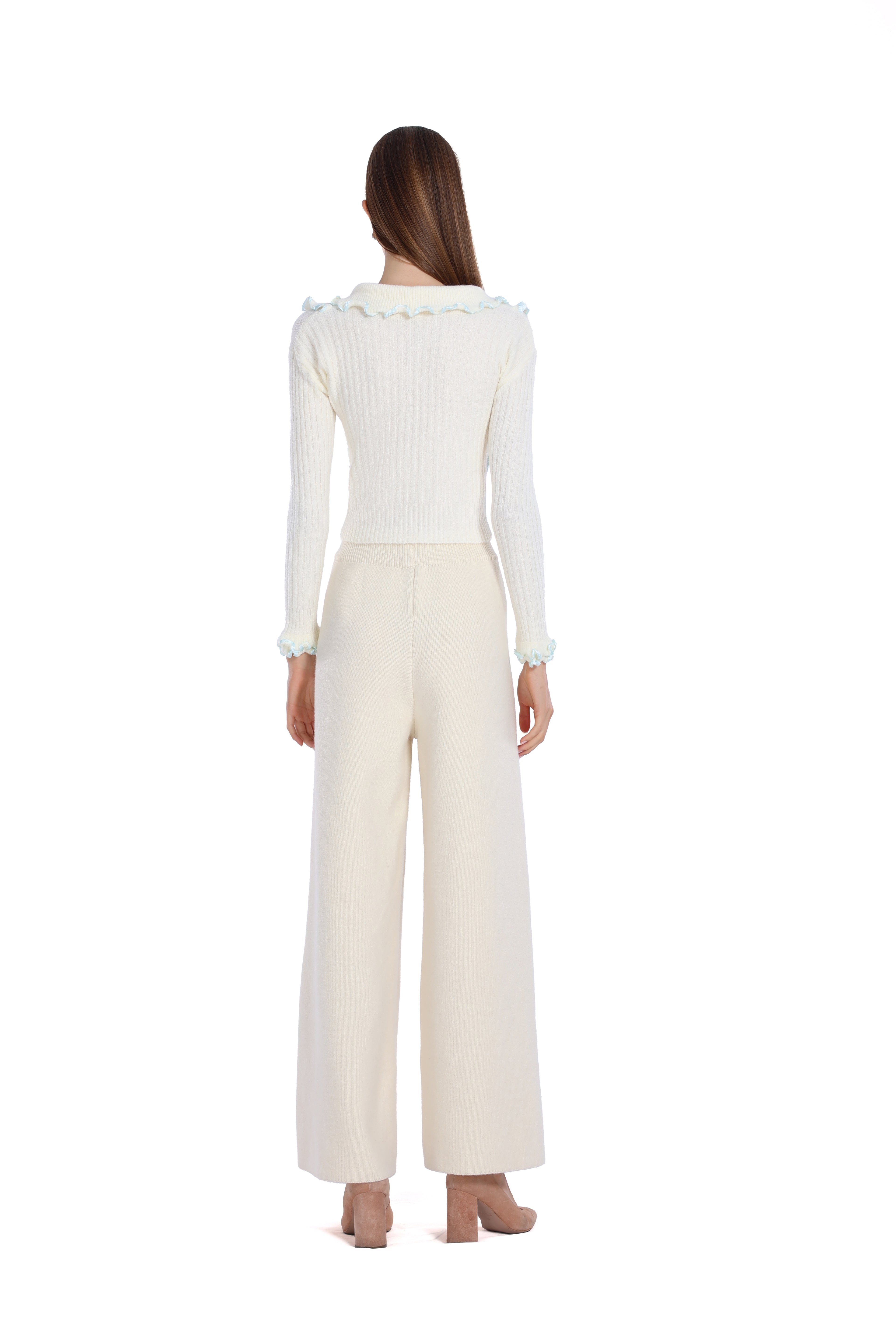 Contrast Edging Ruffled Trim Long-sleeve Turn-down Collar Cropped Cardigan