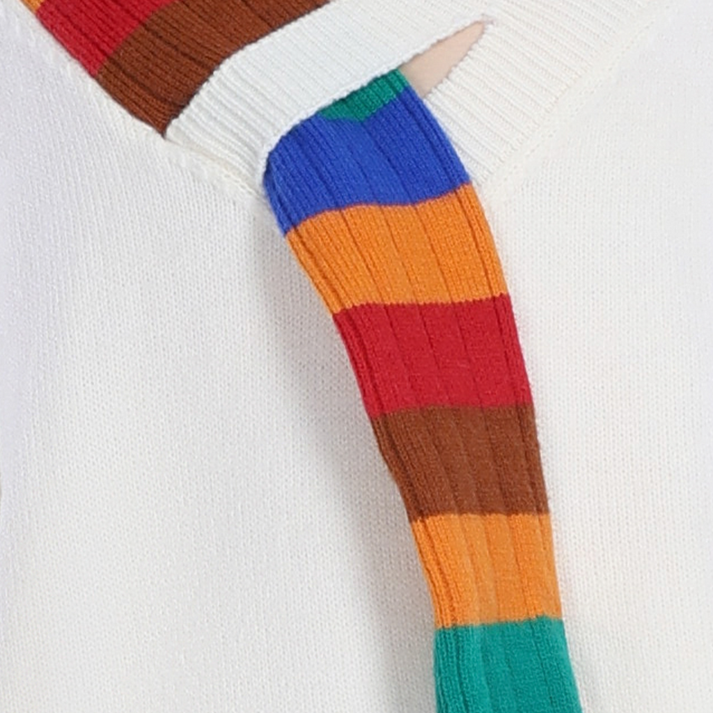 V-neck Long Sleeve Multicolor Striped Knit Paneled Ribbed Top