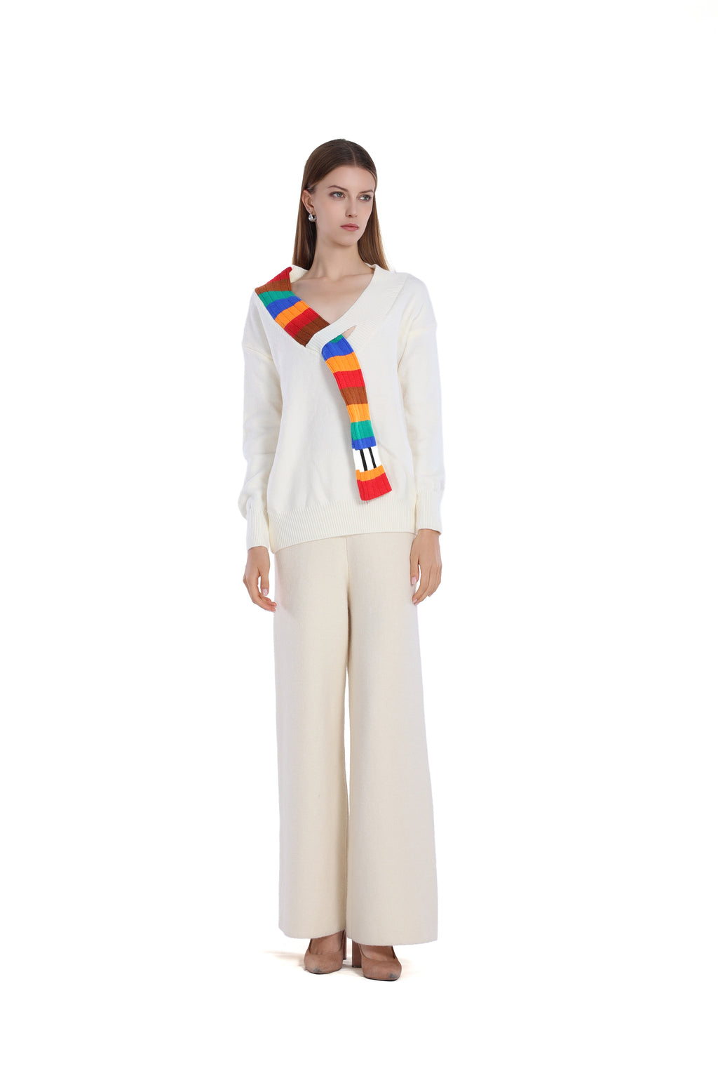 V-neck Long Sleeve Multicolor Striped Knit Paneled Ribbed Top
