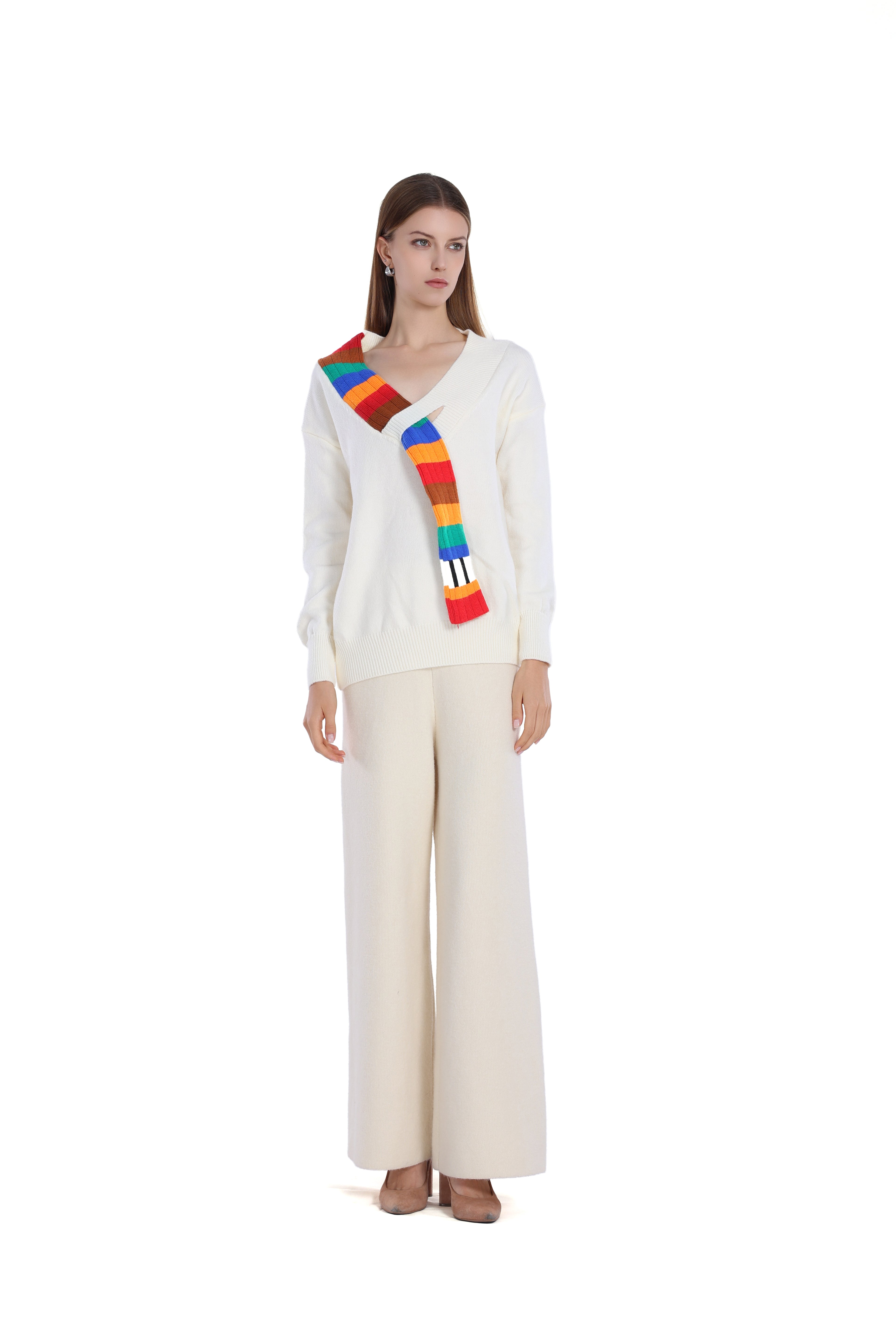 V-neck Long Sleeve Multicolor Striped Knit Paneled Ribbed Top