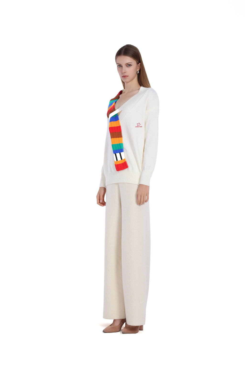 V-neck Long Sleeve Multicolor Striped Knit Paneled Ribbed Top