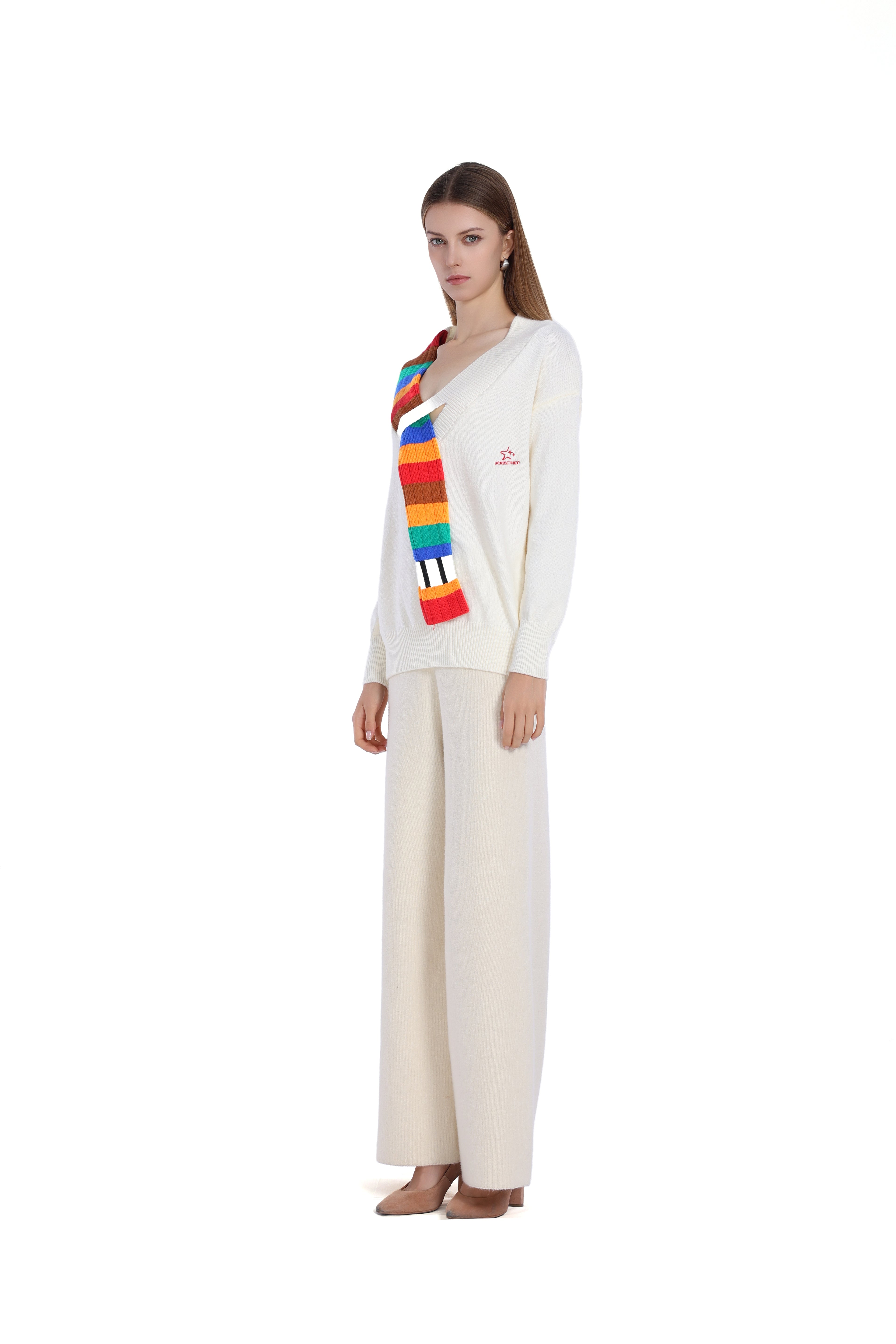 V-neck Long Sleeve Multicolor Striped Knit Paneled Ribbed Top