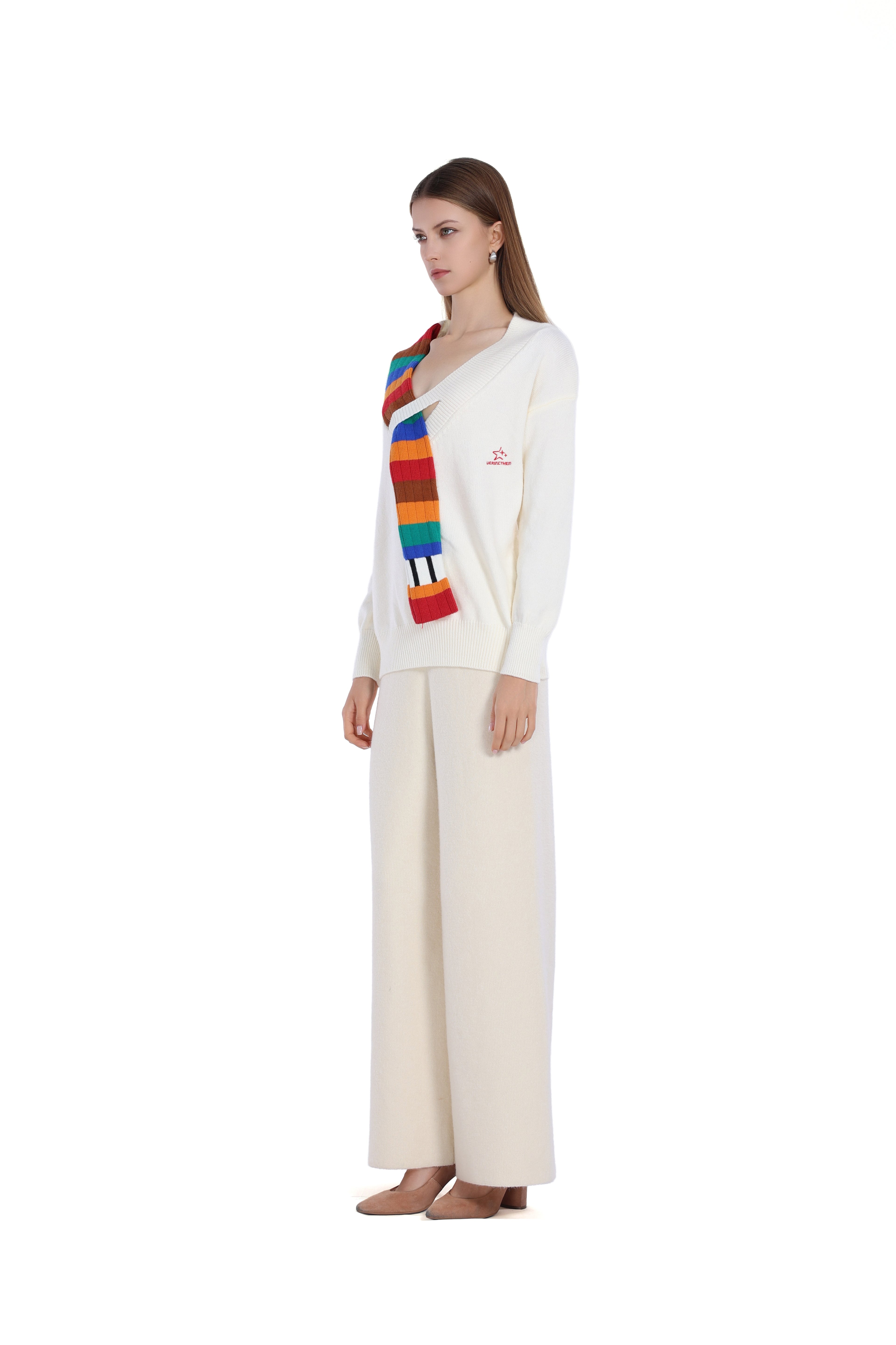V-neck Long Sleeve Multicolor Striped Knit Paneled Ribbed Top