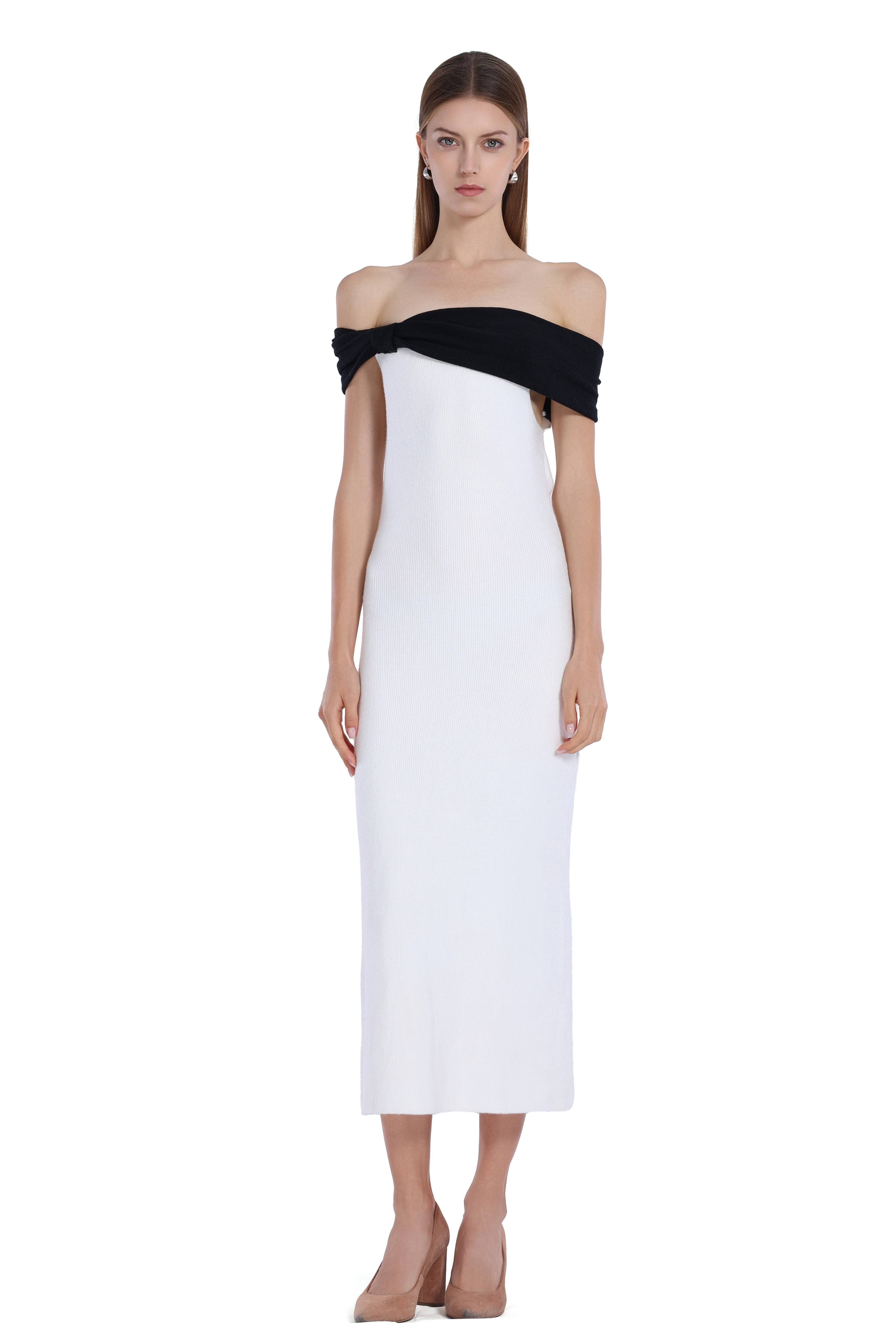 Off-shoulder Black&White Paneled Sleeveless Bodycon Knitted Midi Dress