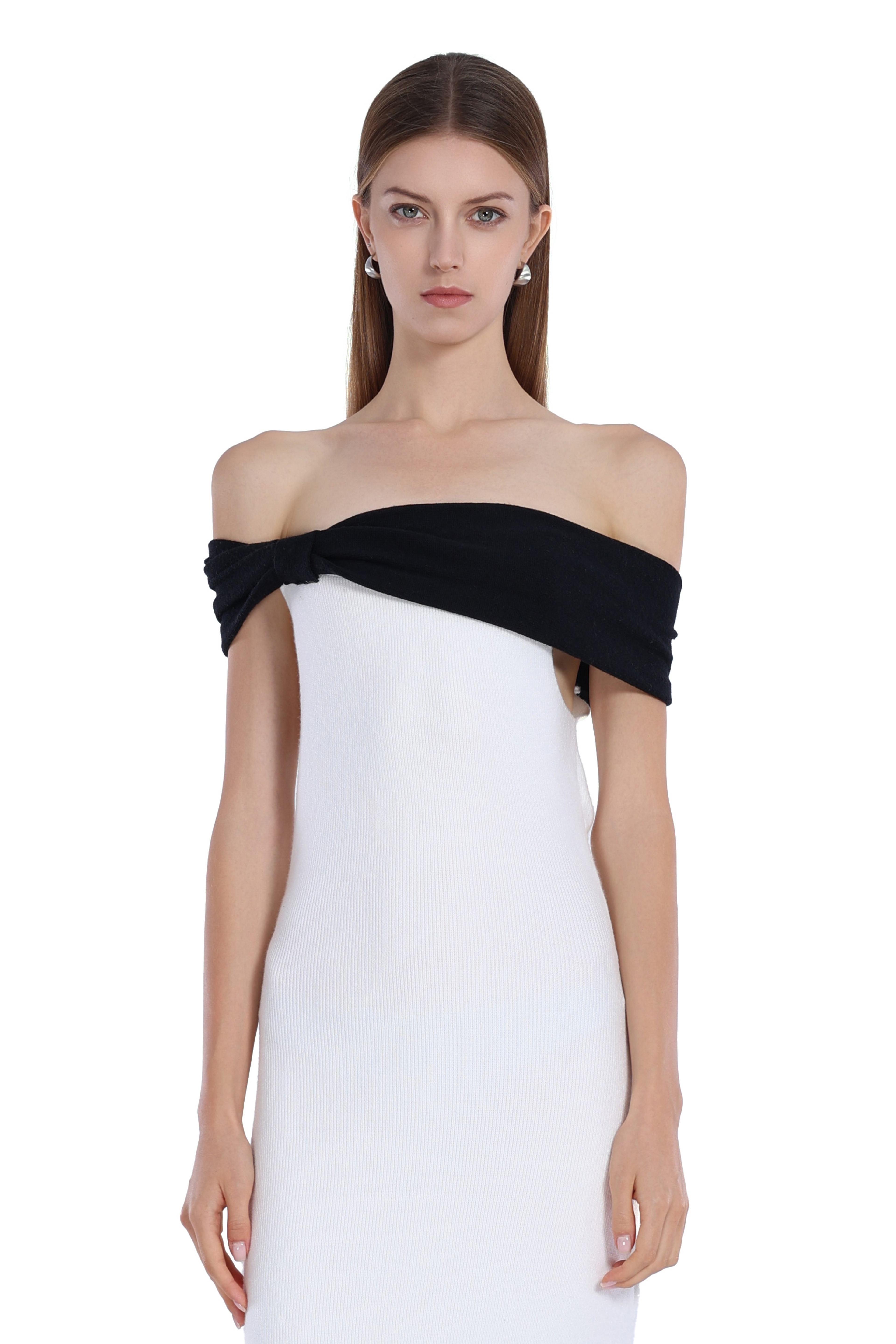 Off-shoulder Black&White Paneled Sleeveless Bodycon Knitted Midi Dress