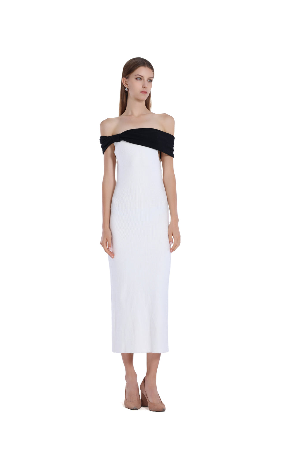 Off-shoulder Black&White Paneled Sleeveless Bodycon Knitted Midi Dress