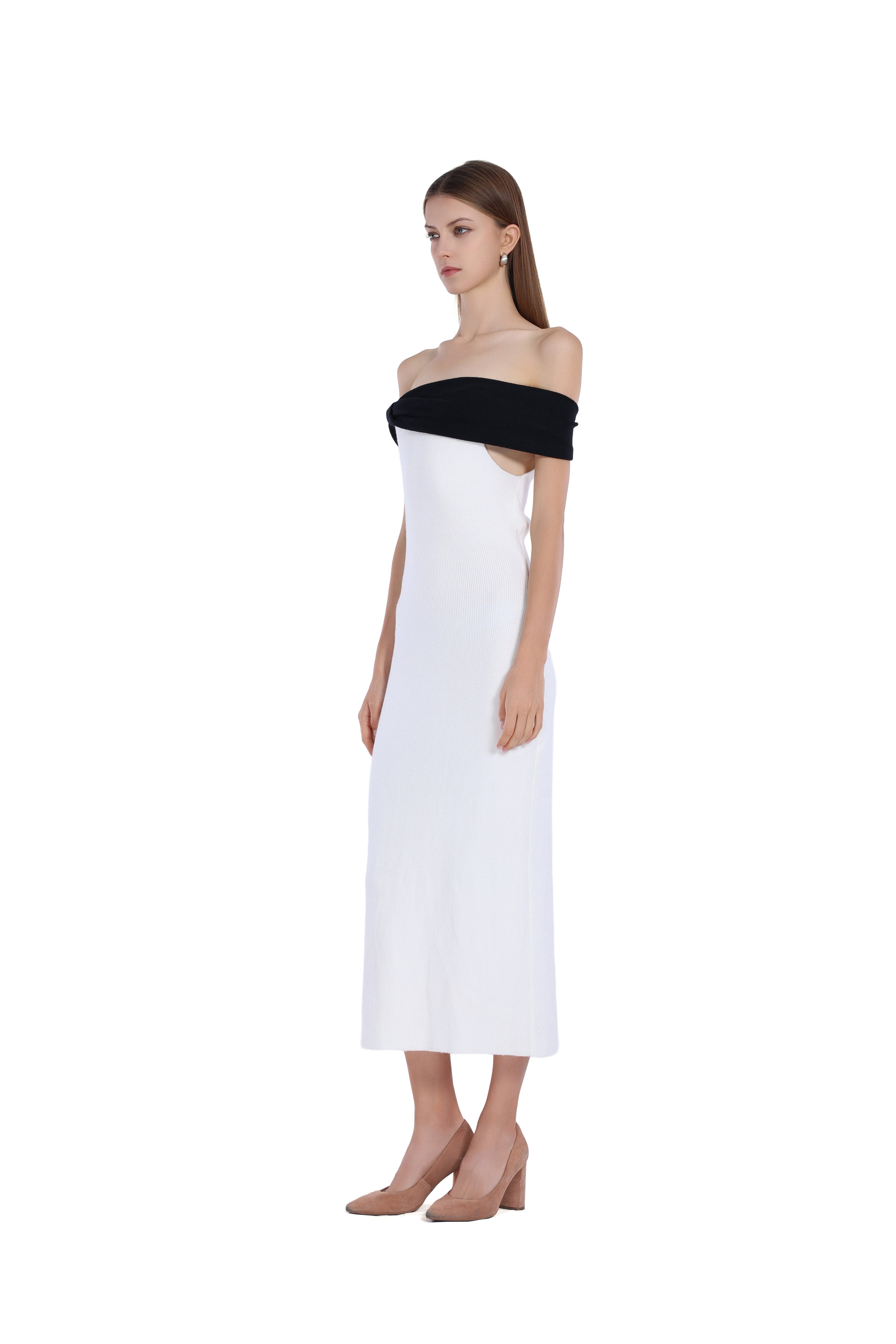 Off-shoulder Black&White Paneled Sleeveless Bodycon Knitted Midi Dress