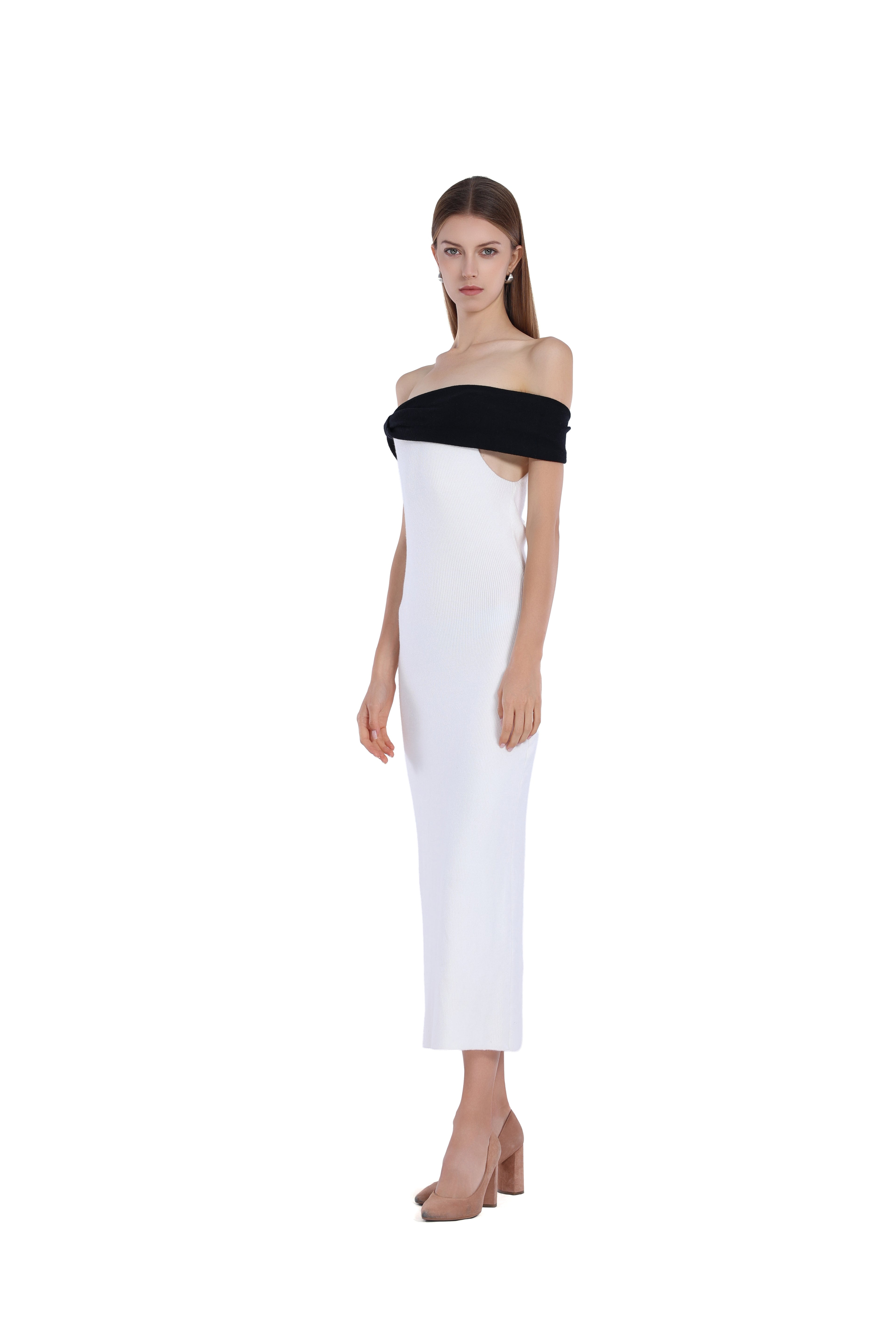 Off-shoulder Black&White Paneled Sleeveless Bodycon Knitted Midi Dress