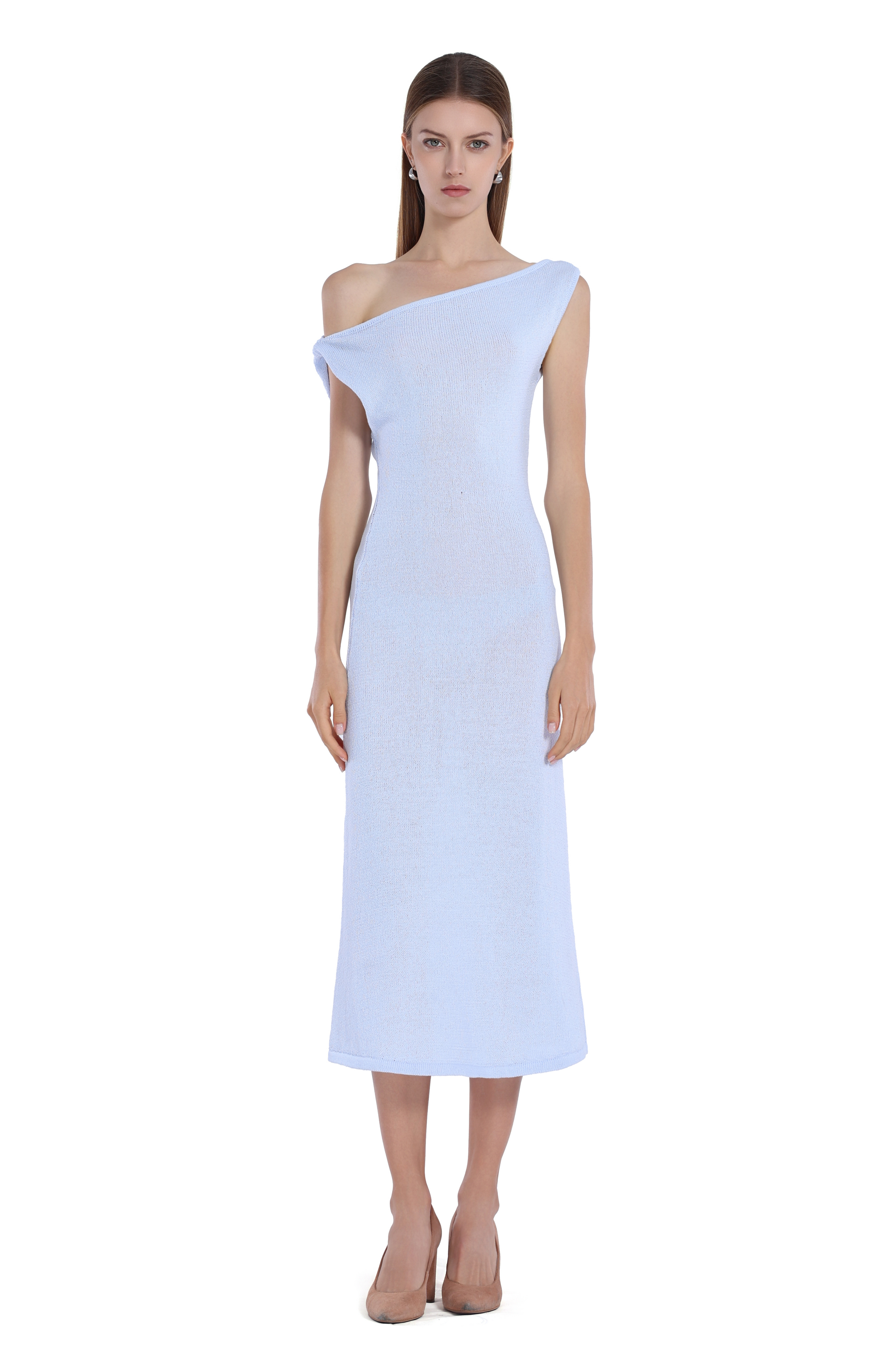 One - Shoulder Slim Fit Elegant Light Blue Midi Knit Dress