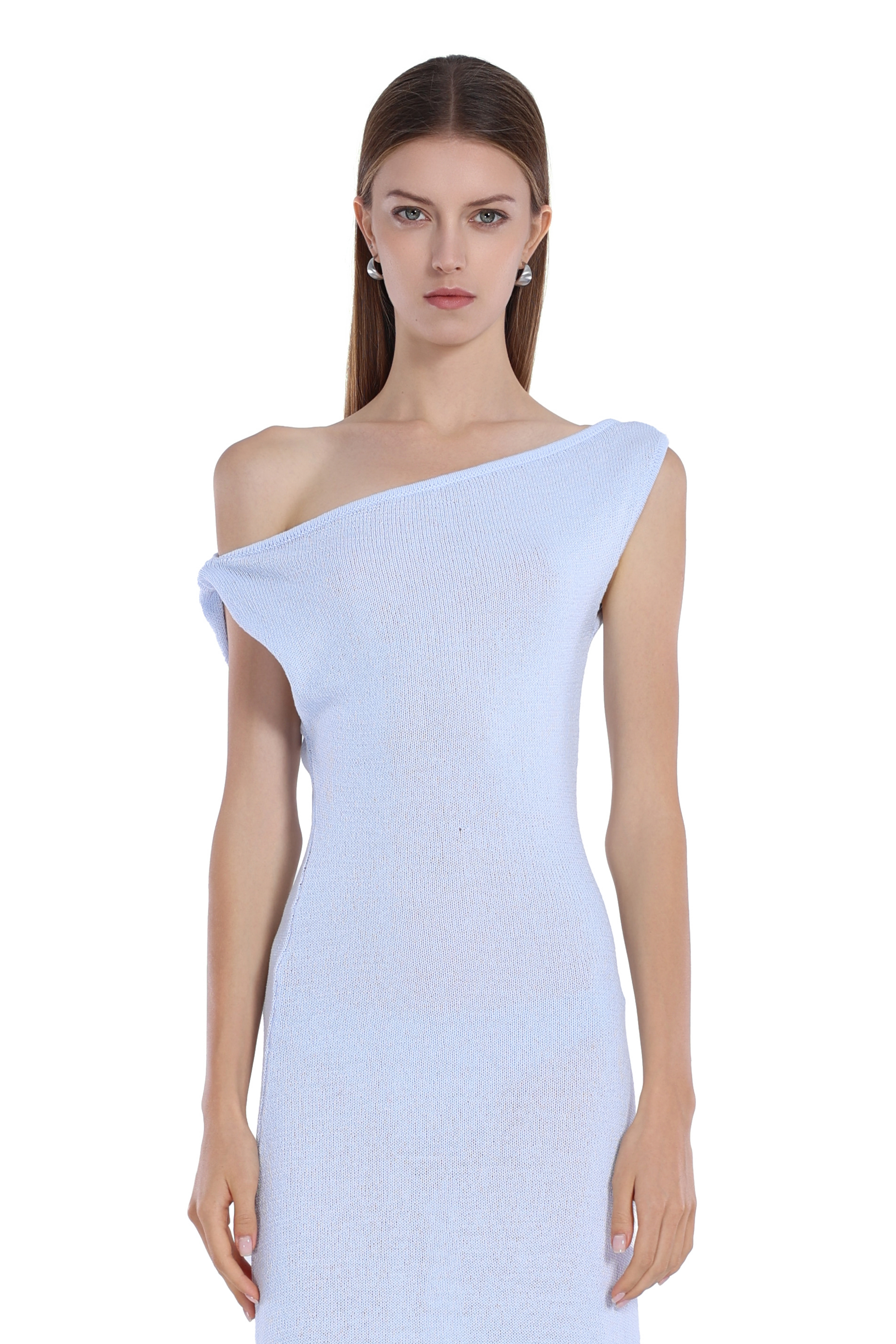 One - Shoulder Slim Fit Elegant Light Blue Midi Knit Dress