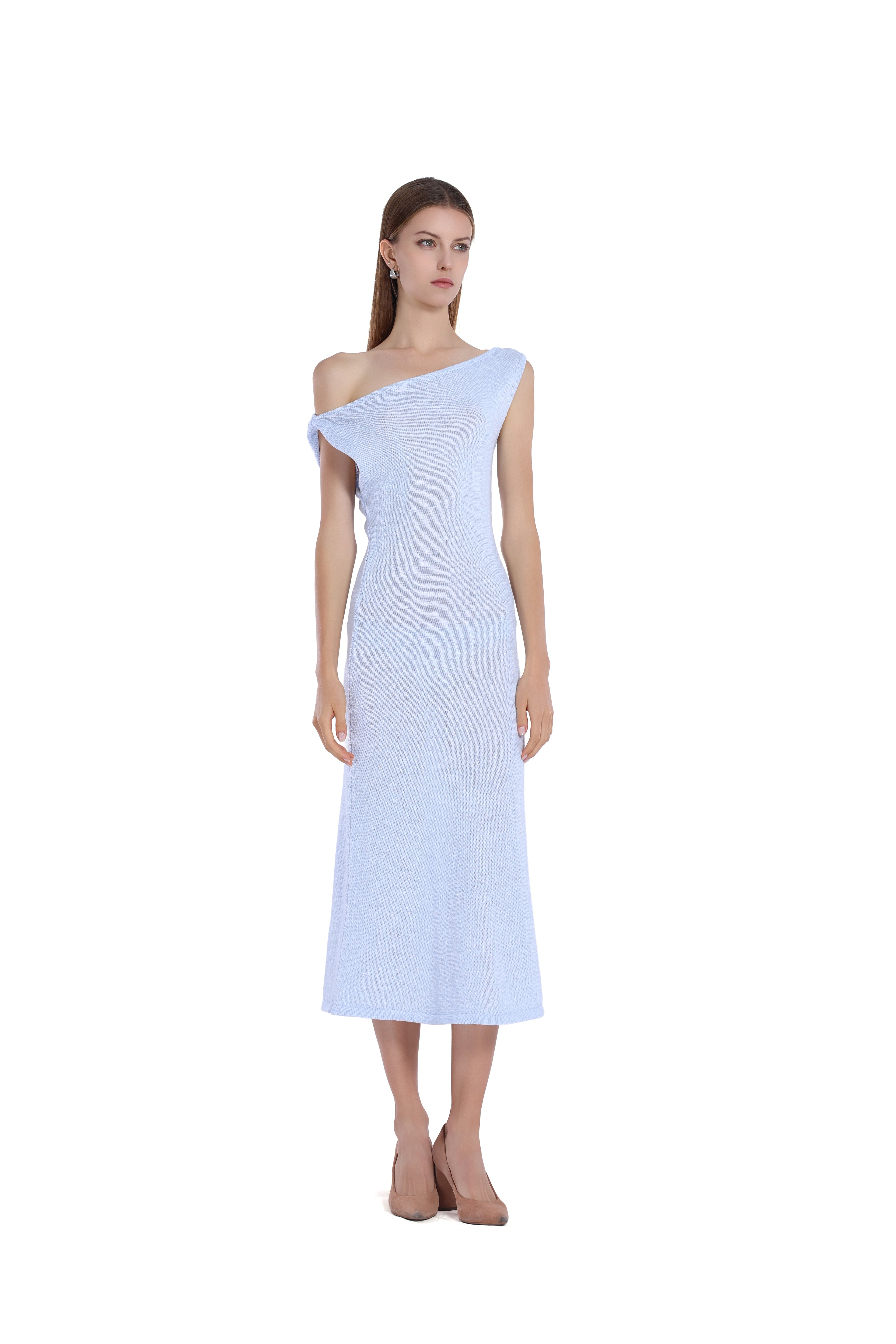 One - Shoulder Slim Fit Elegant Light Blue Midi Knit Dress