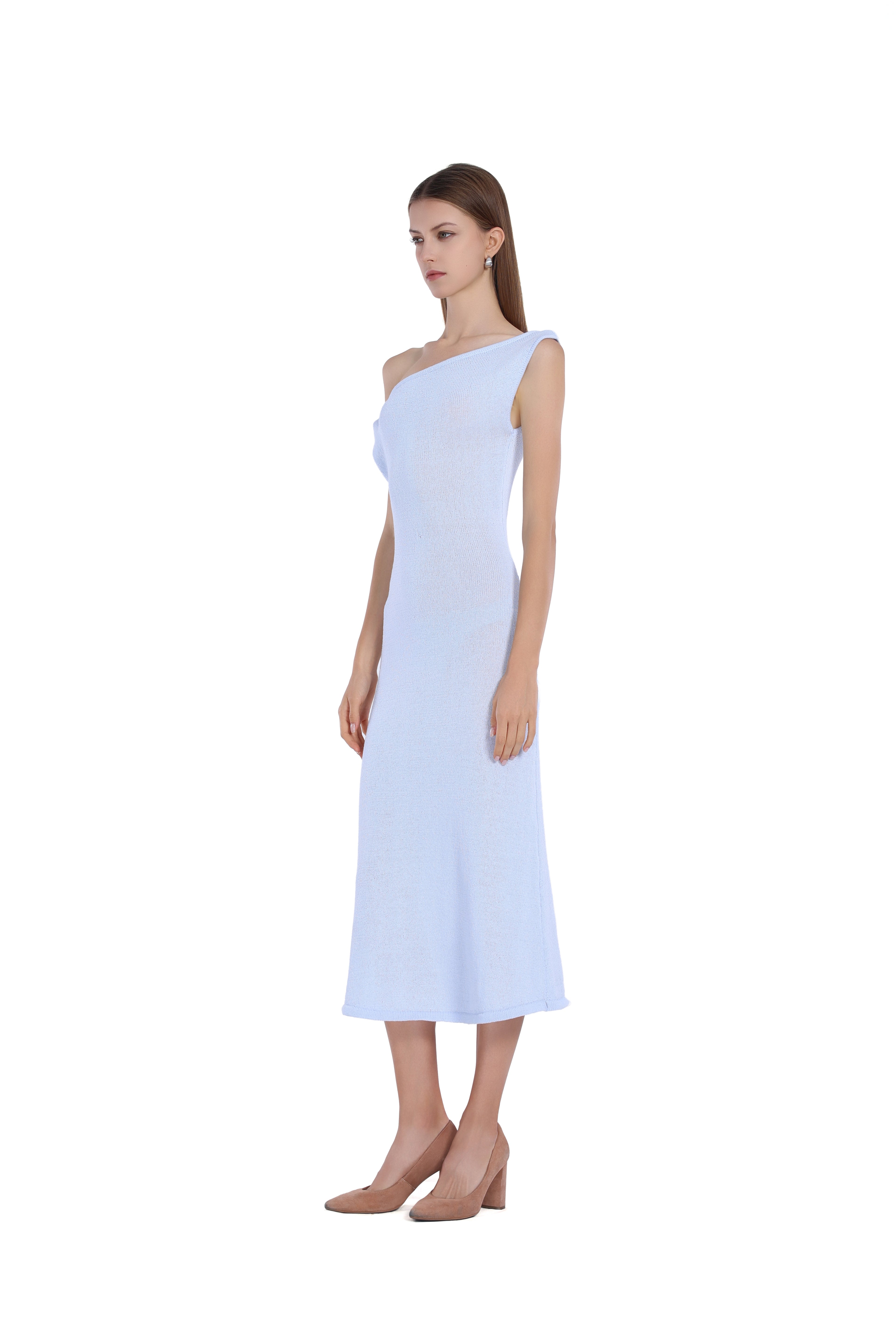 One - Shoulder Slim Fit Elegant Light Blue Midi Knit Dress