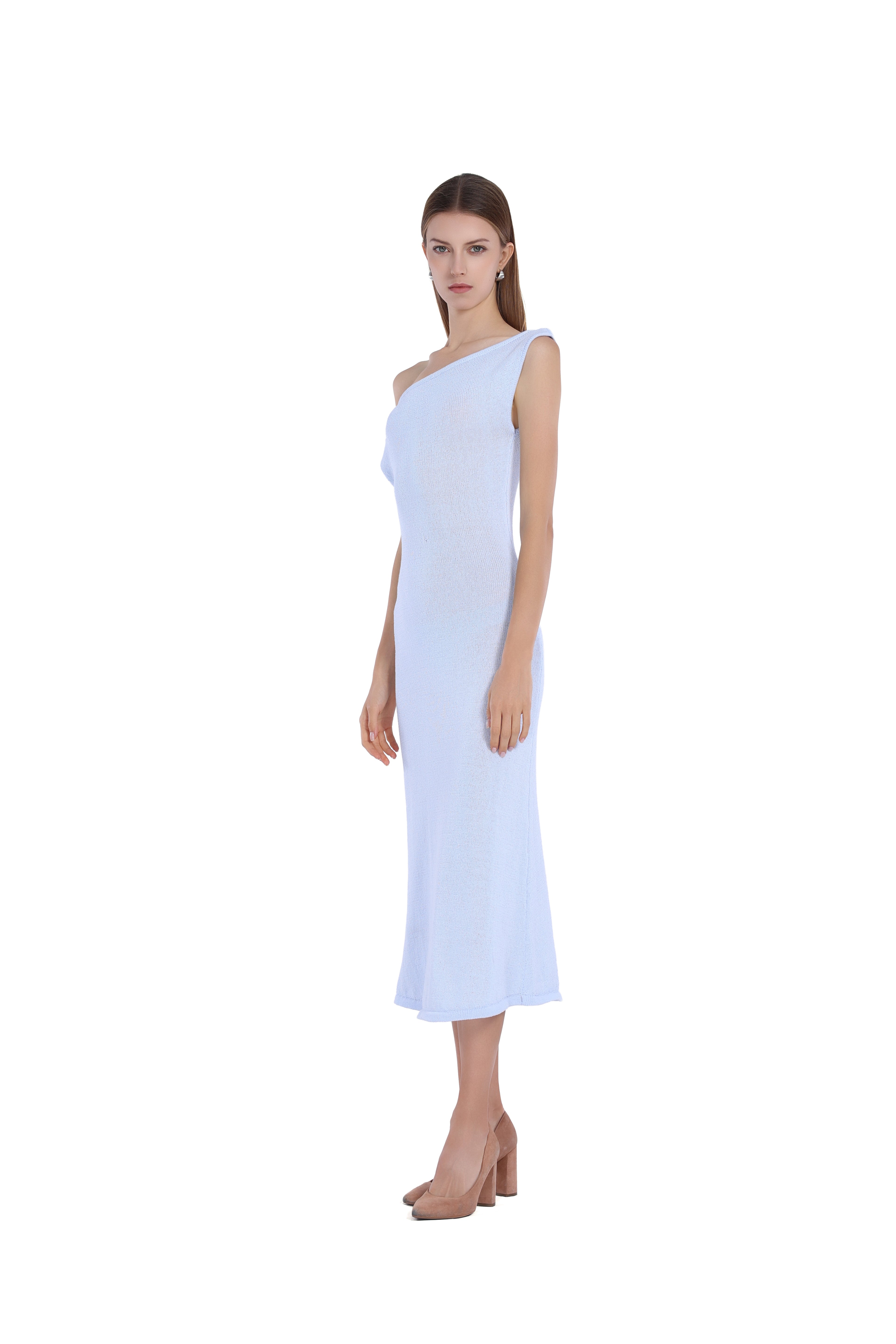 One - Shoulder Slim Fit Elegant Light Blue Midi Knit Dress