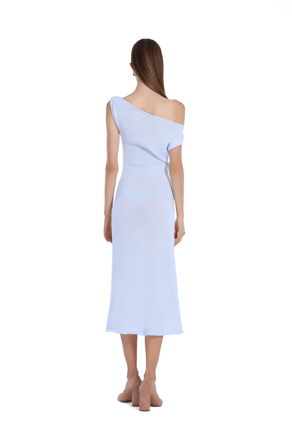 One - Shoulder Slim Fit Elegant Light Blue Midi Knit Dress